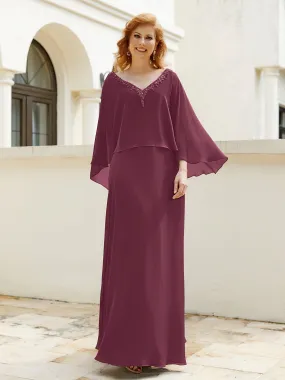 A-Line Flutter Cape Sleeves Dress with Beaded V-neck-Mulberry