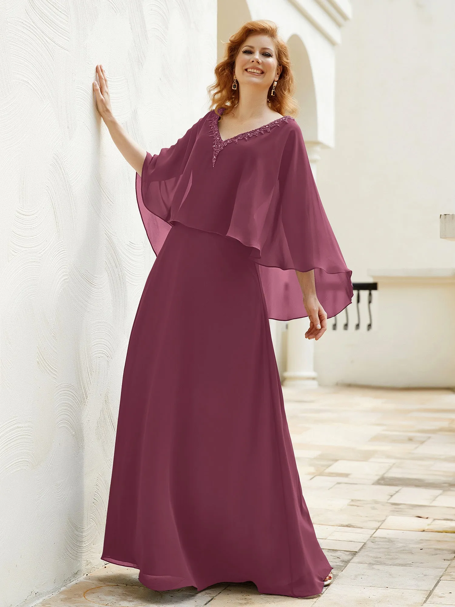 A-Line Flutter Cape Sleeves Dress with Beaded V-neck-Mulberry
