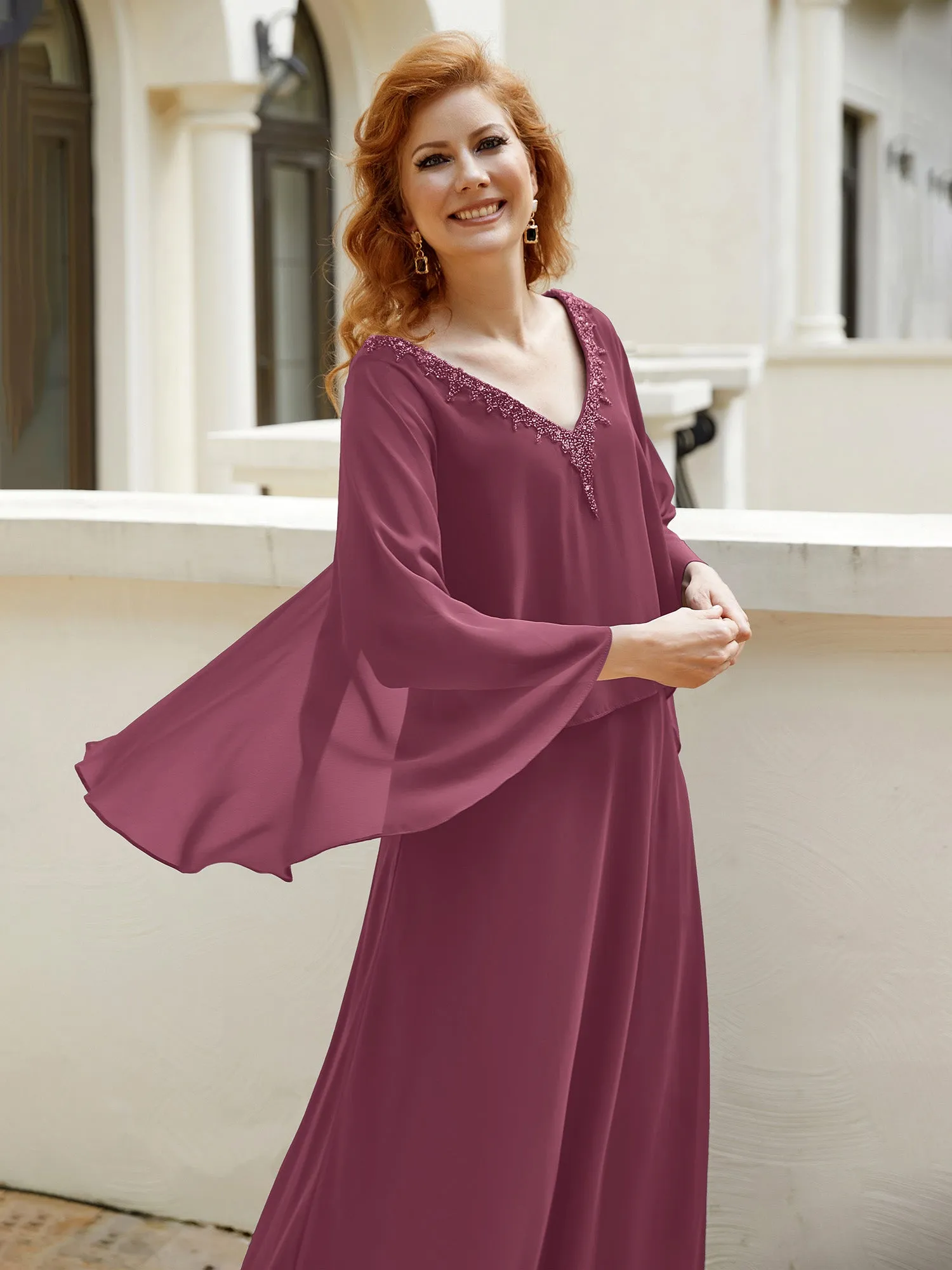 A-Line Flutter Cape Sleeves Dress with Beaded V-neck-Mulberry