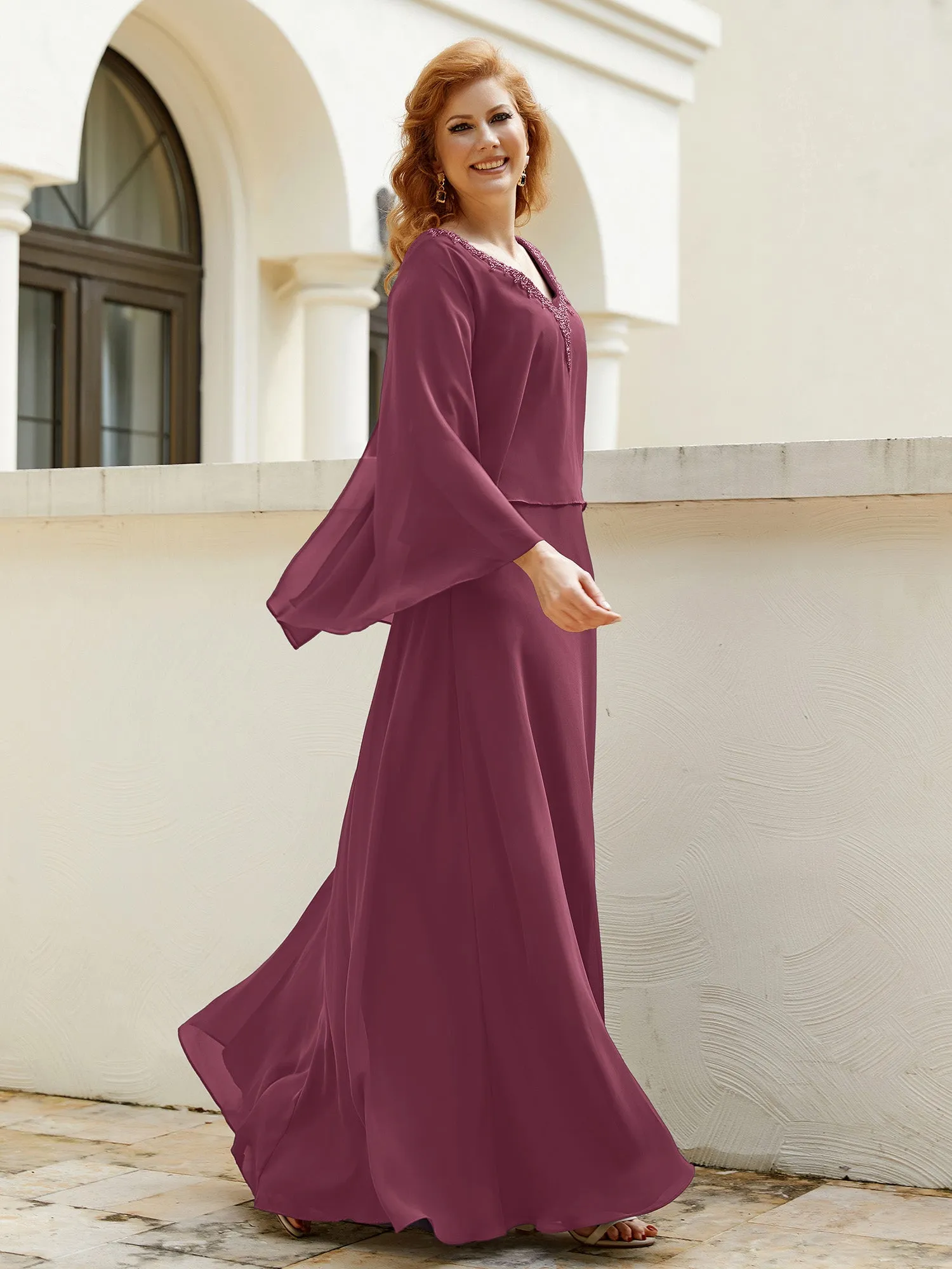 A-Line Flutter Cape Sleeves Dress with Beaded V-neck-Mulberry