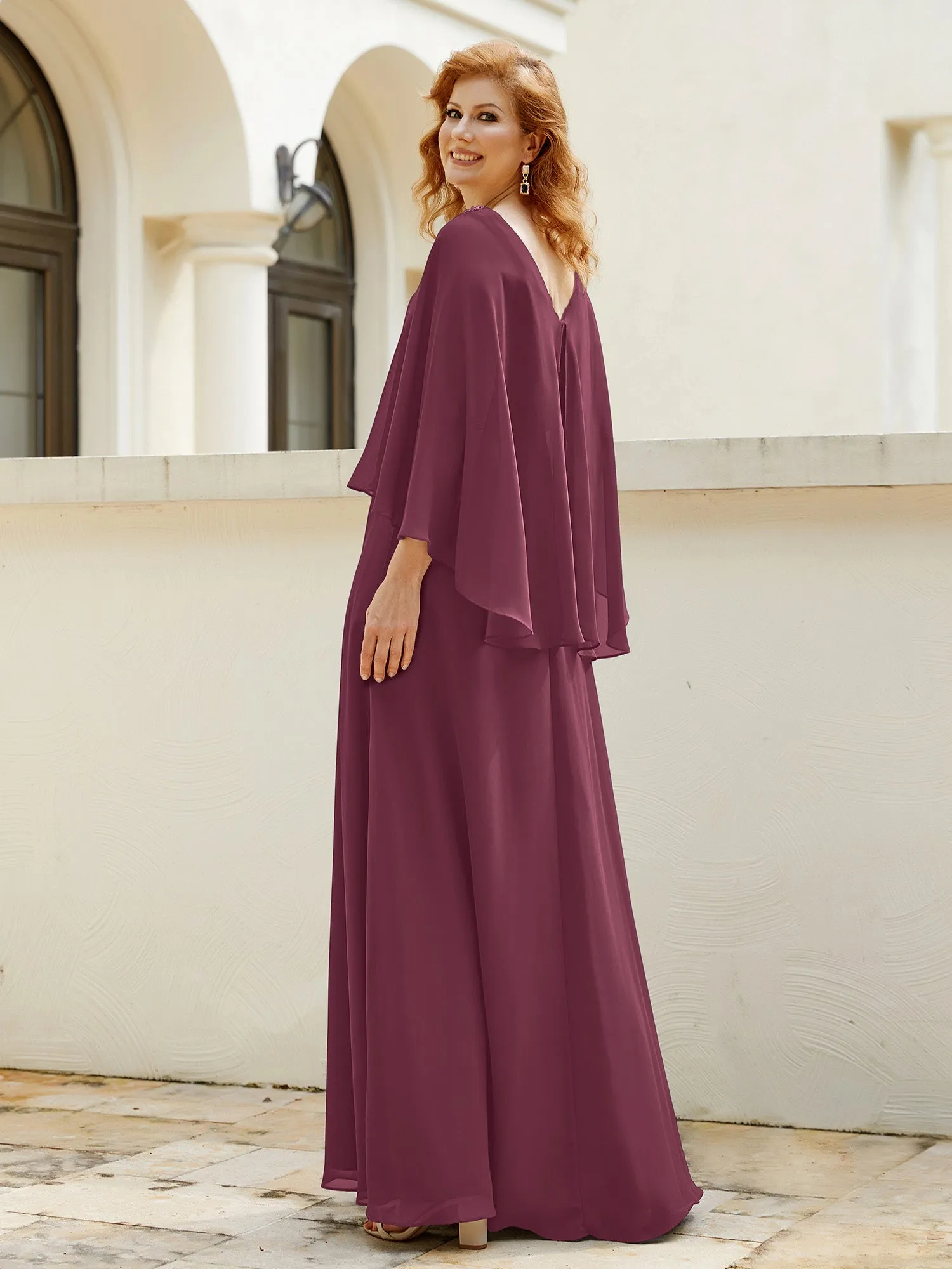 A-Line Flutter Cape Sleeves Dress with Beaded V-neck-Mulberry
