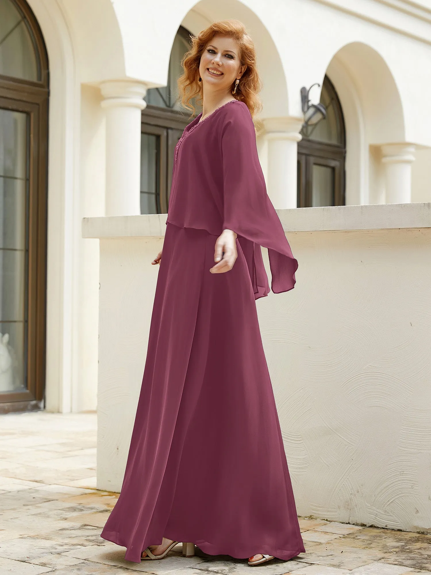 A-Line Flutter Cape Sleeves Dress with Beaded V-neck-Mulberry