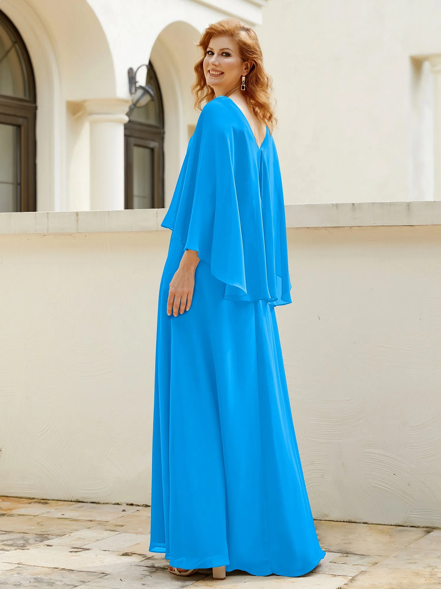 A-Line Flutter Cape Sleeves Dress with Beaded V-neck-Ocean Blue