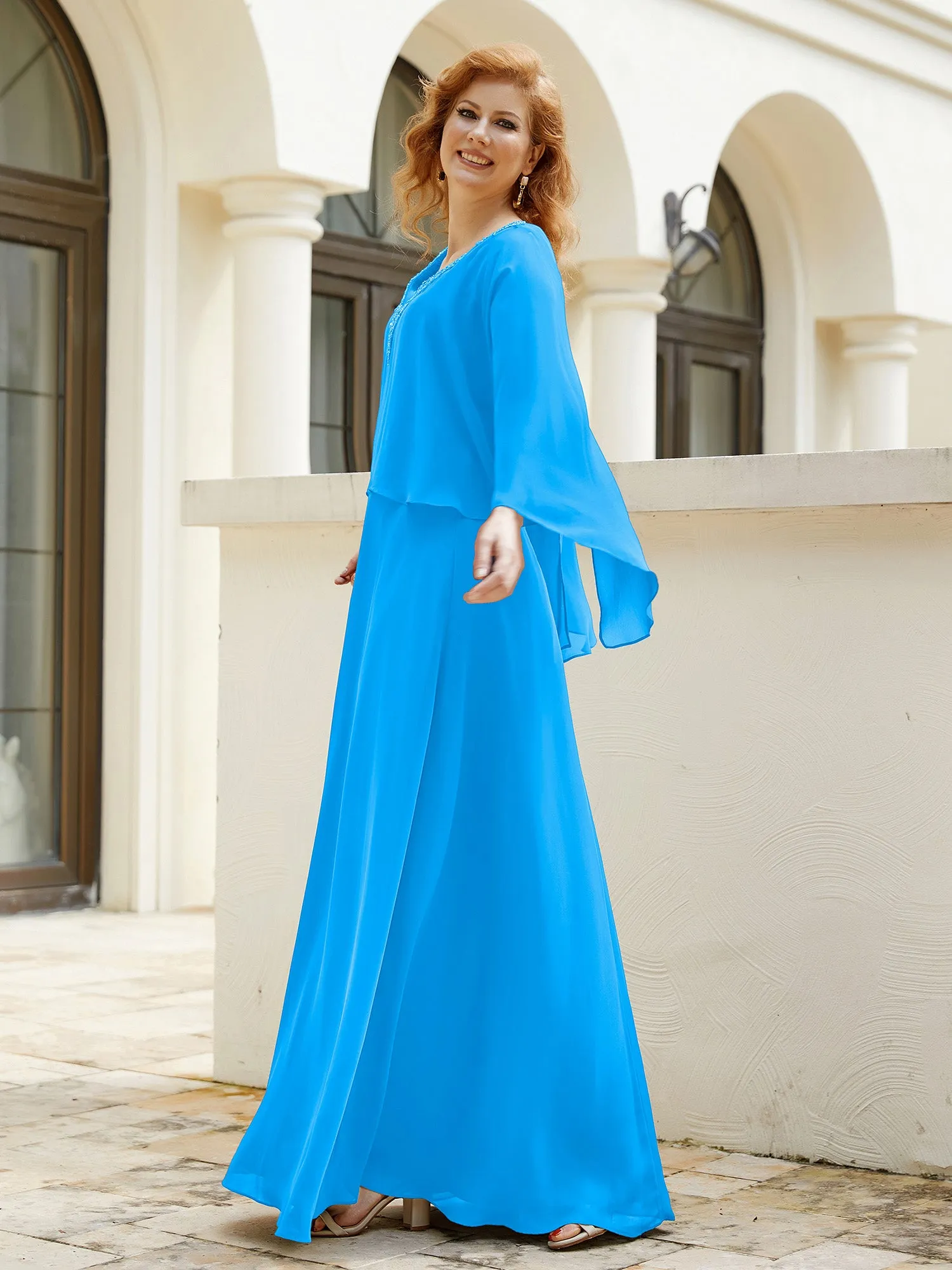 A-Line Flutter Cape Sleeves Dress with Beaded V-neck-Ocean Blue