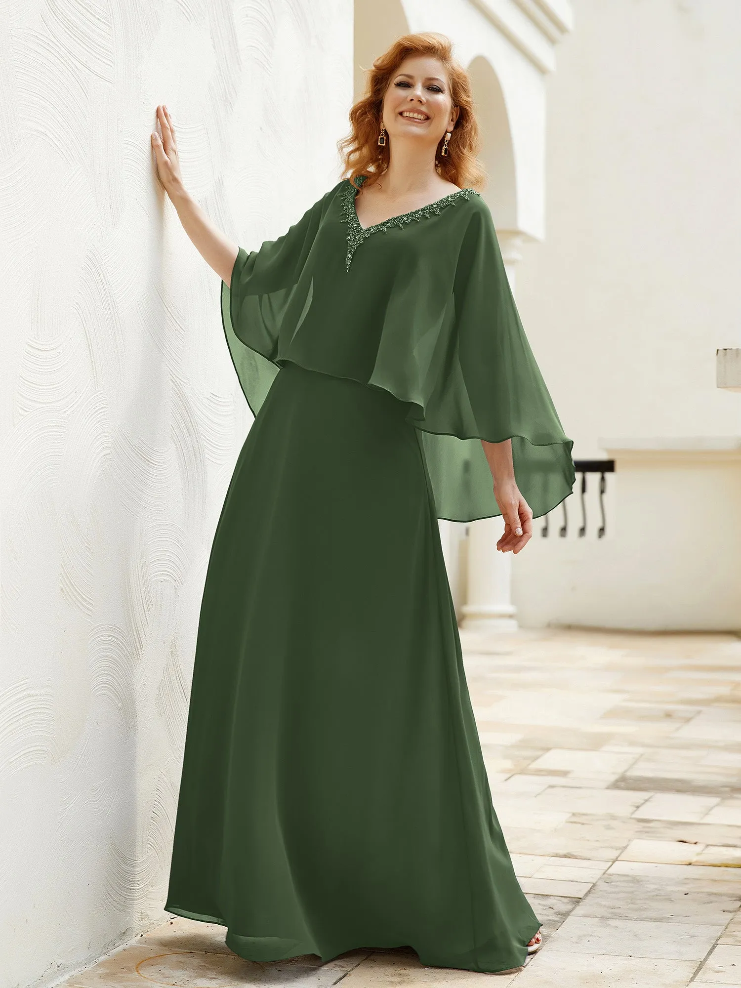 A-Line Flutter Cape Sleeves Dress with Beaded V-neck-Olive Green