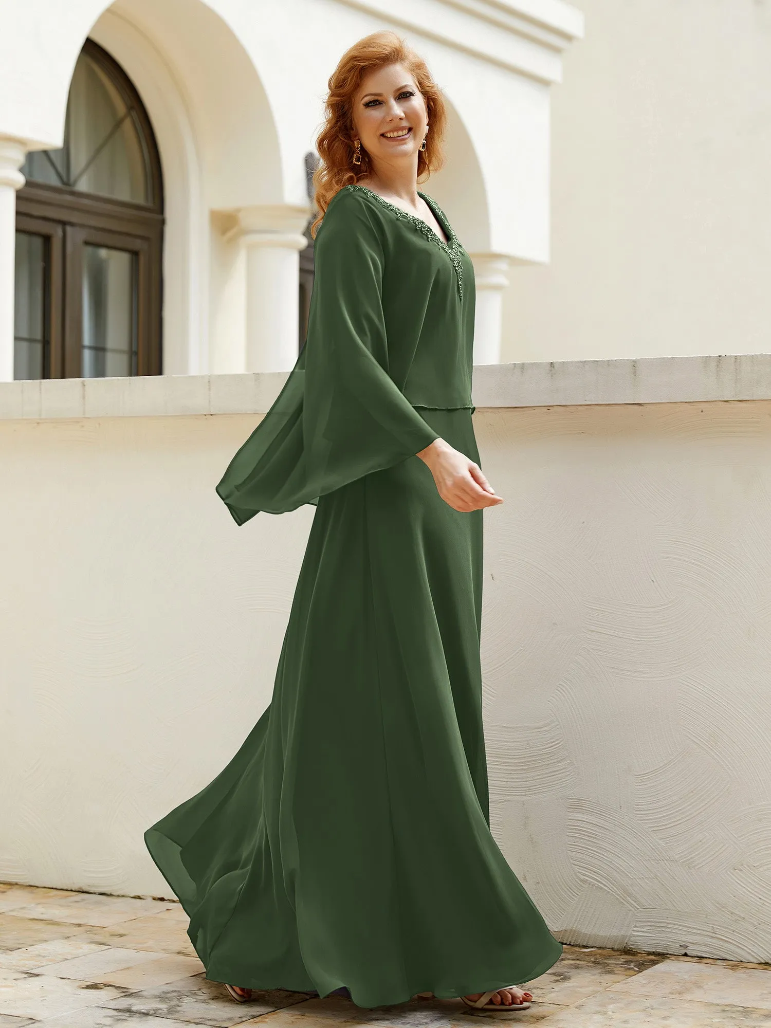 A-Line Flutter Cape Sleeves Dress with Beaded V-neck-Olive Green