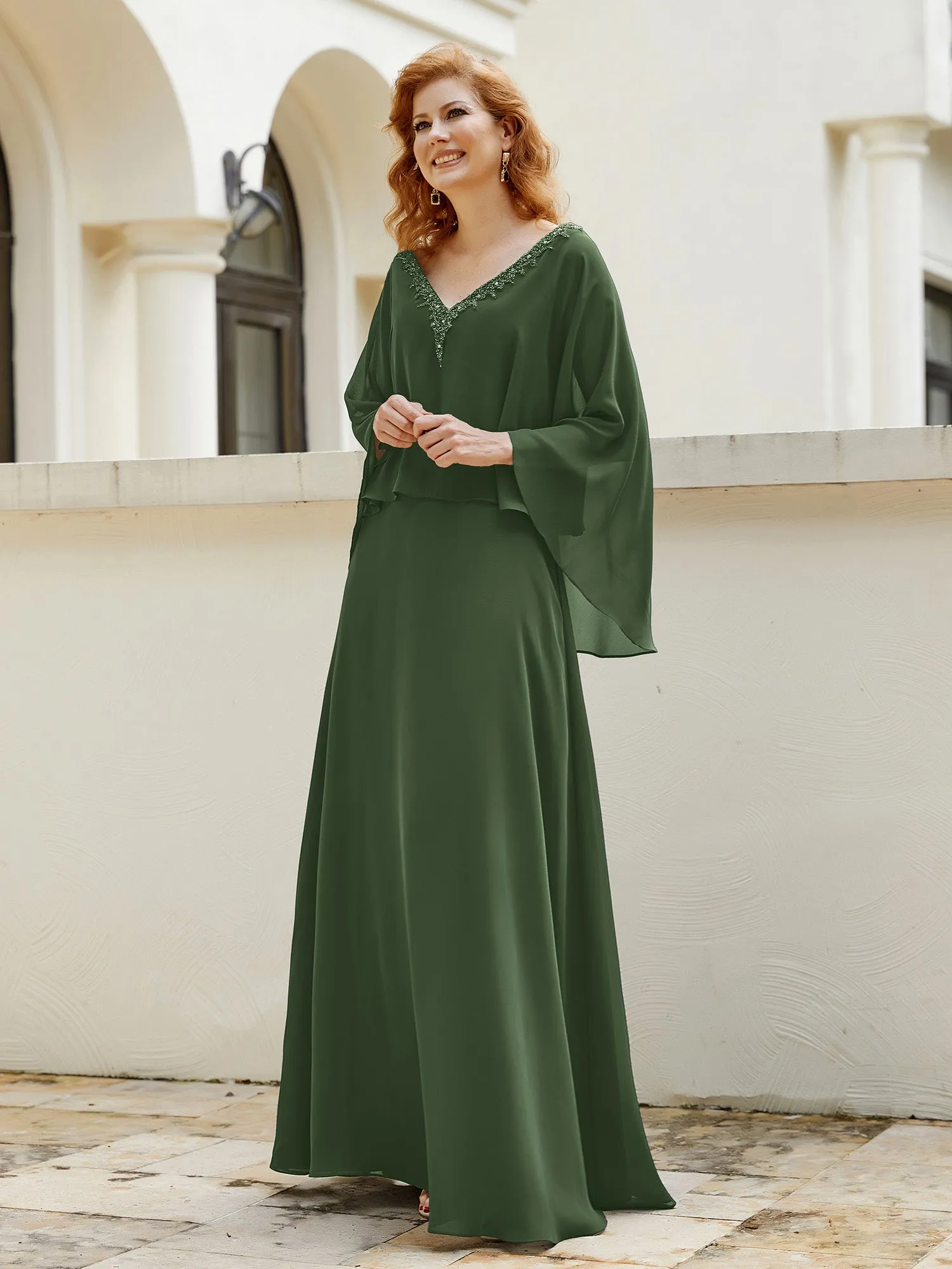 A-Line Flutter Cape Sleeves Dress with Beaded V-neck-Olive Green