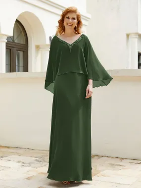 A-Line Flutter Cape Sleeves Dress with Beaded V-neck-Olive Green