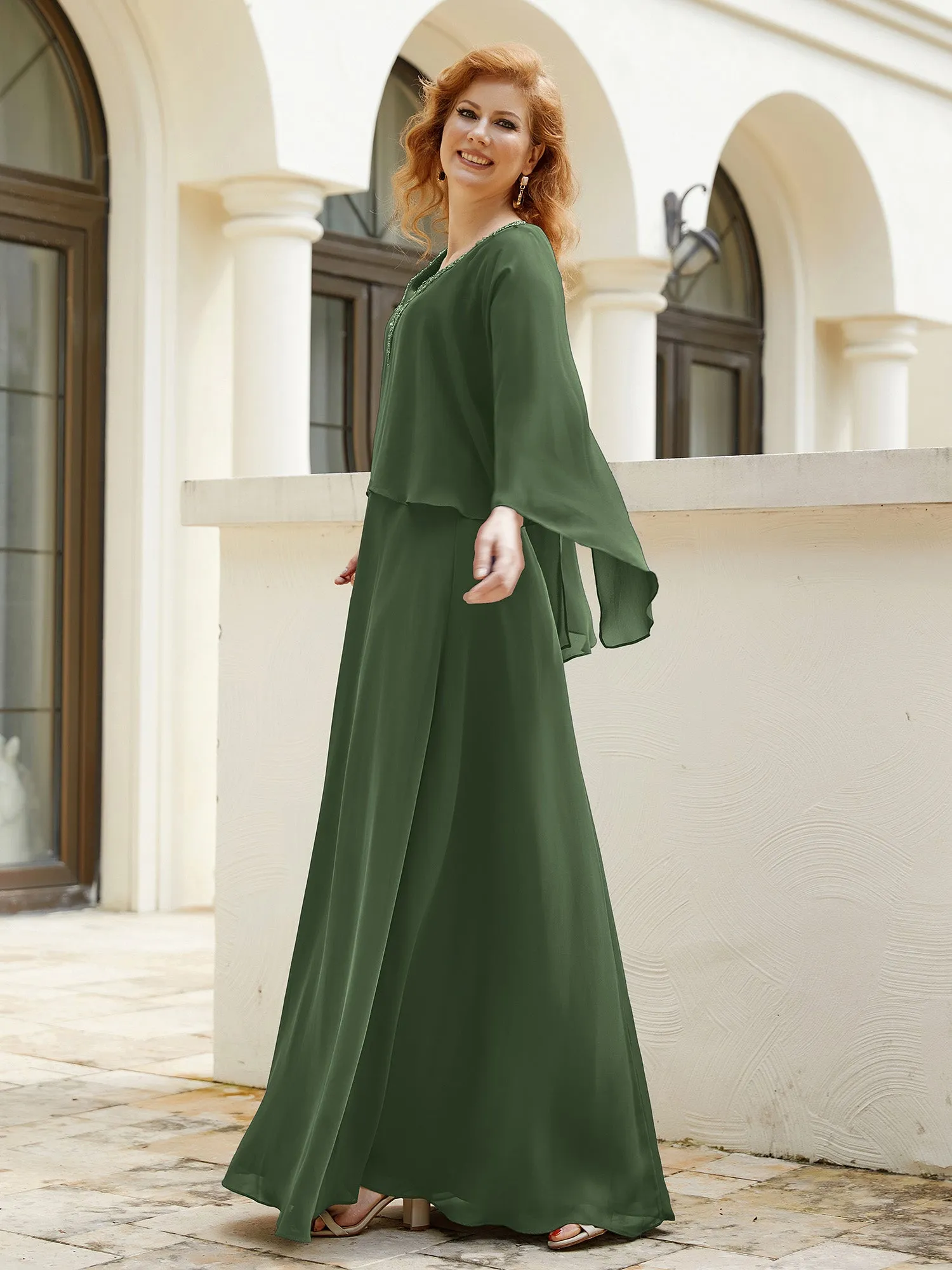 A-Line Flutter Cape Sleeves Dress with Beaded V-neck-Olive Green