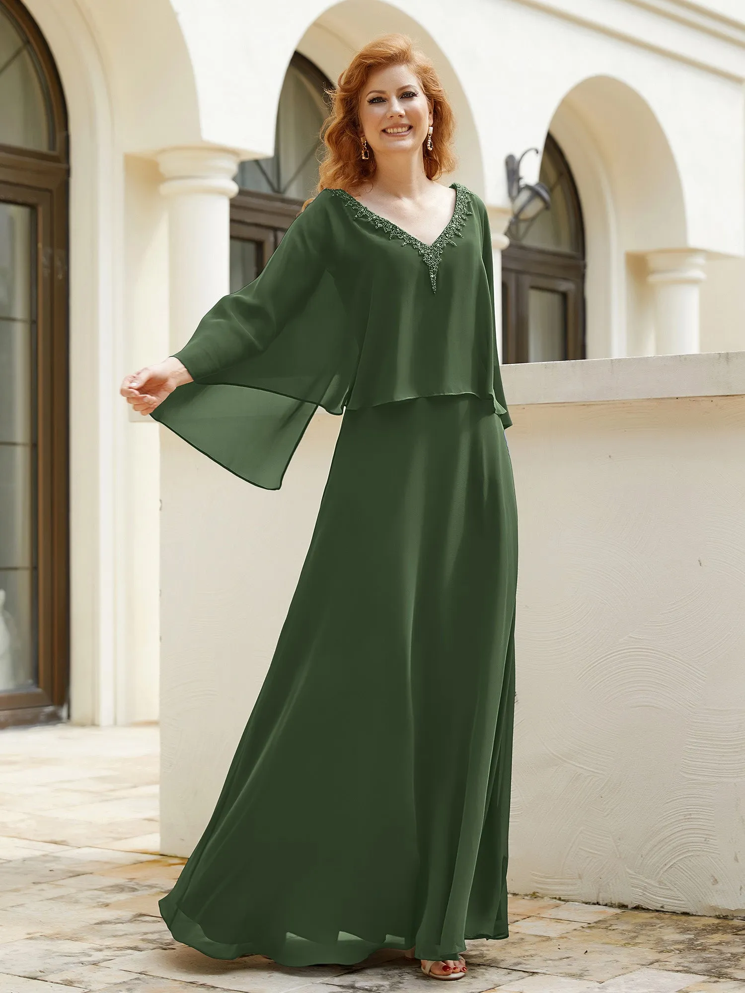A-Line Flutter Cape Sleeves Dress with Beaded V-neck-Olive Green