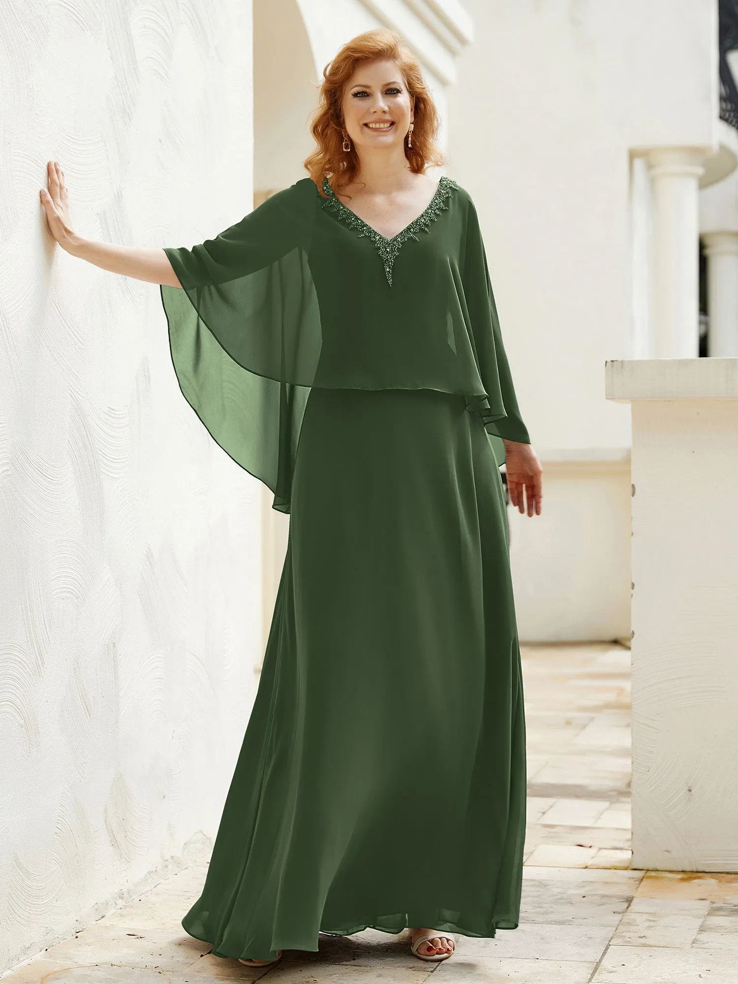 A-Line Flutter Cape Sleeves Dress with Beaded V-neck-Olive Green