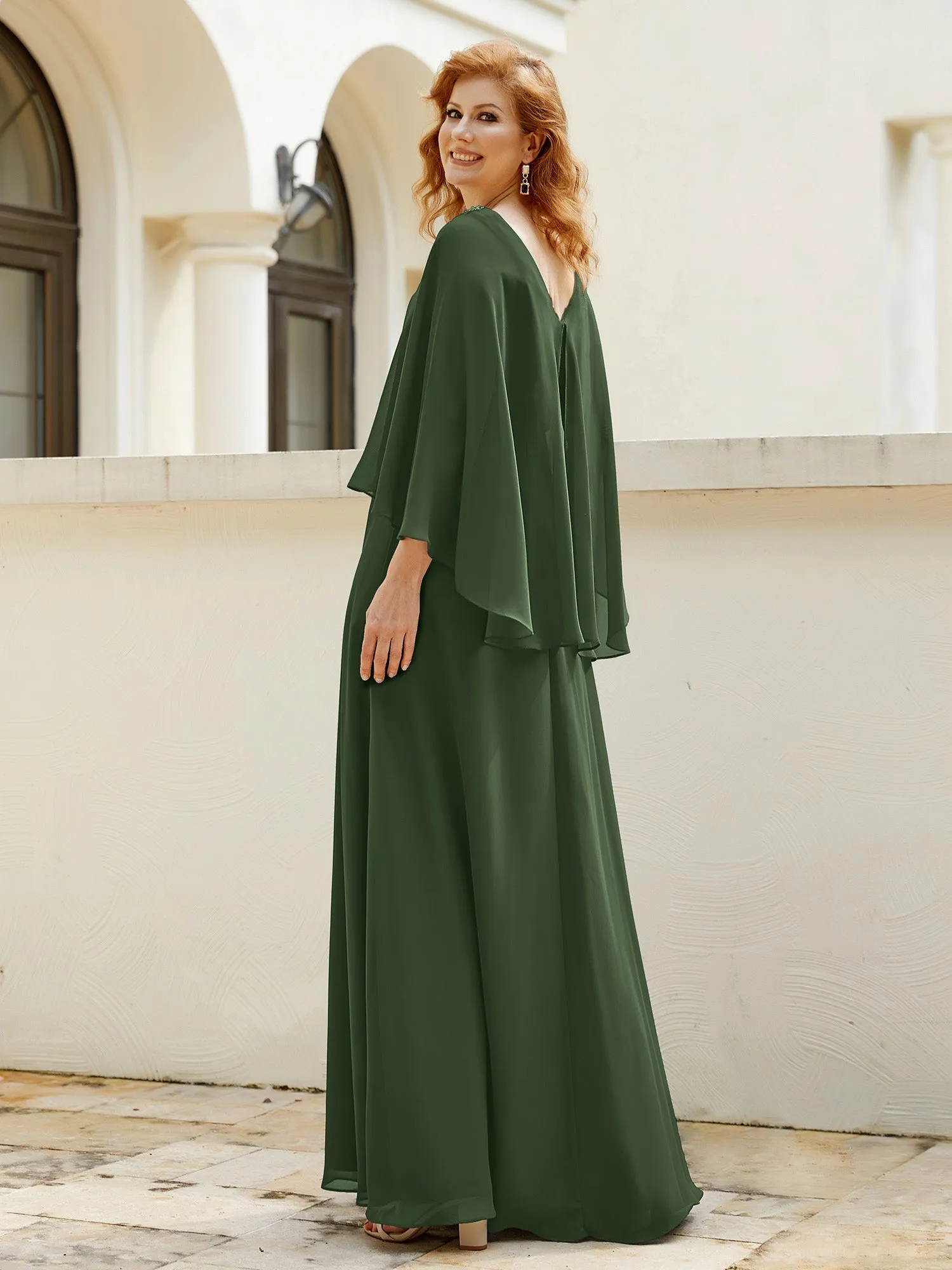 A-Line Flutter Cape Sleeves Dress with Beaded V-neck-Olive Green