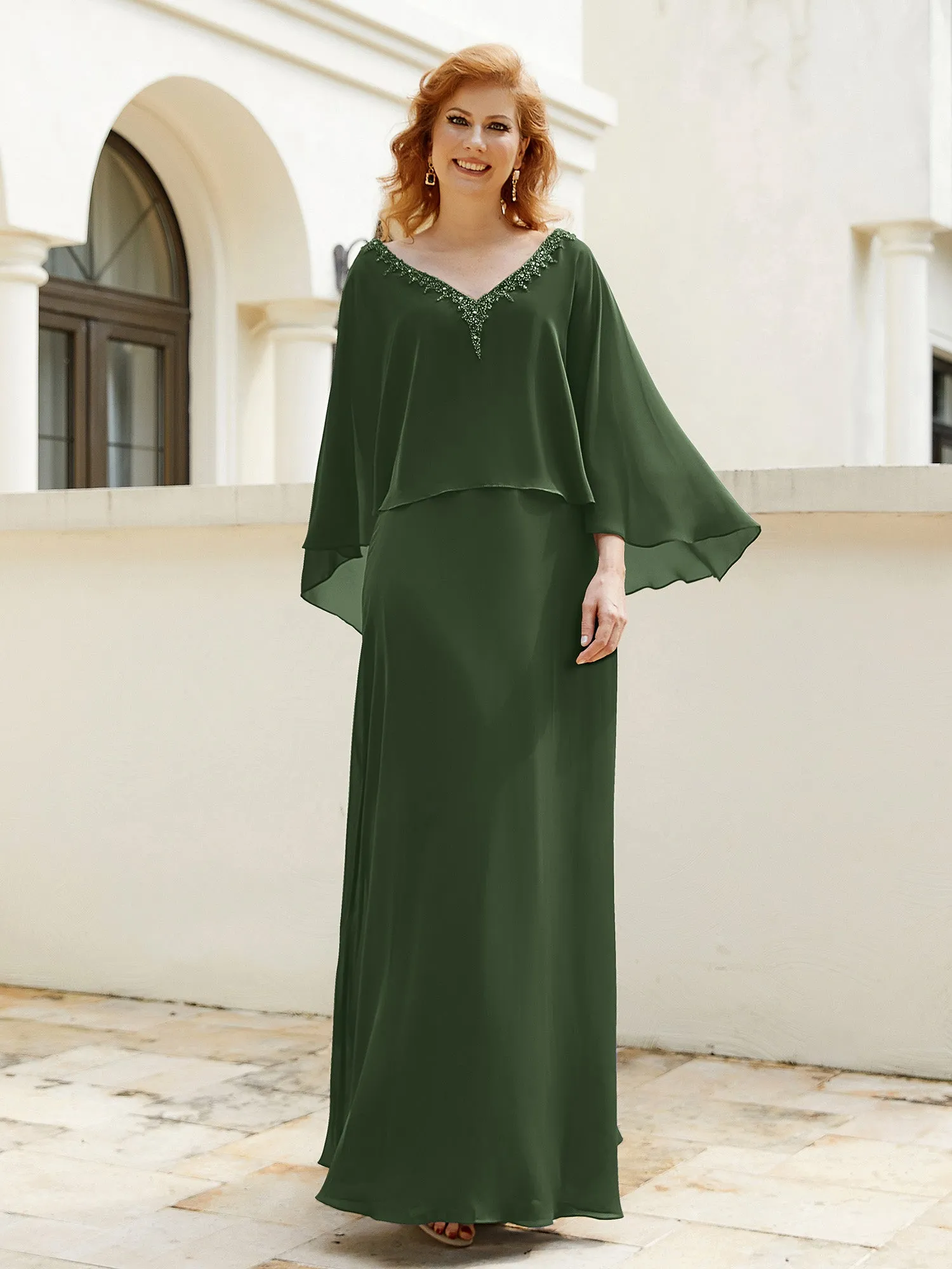 A-Line Flutter Cape Sleeves Dress with Beaded V-neck-Olive Green