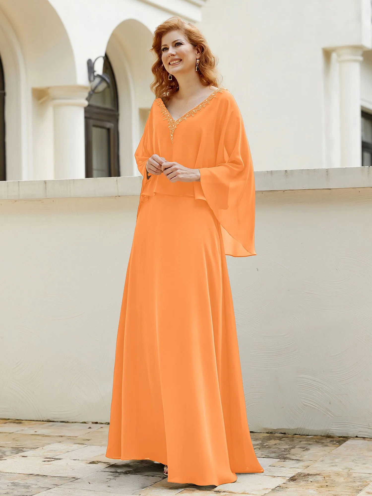 A-Line Flutter Cape Sleeves Dress with Beaded V-neck-Orange
