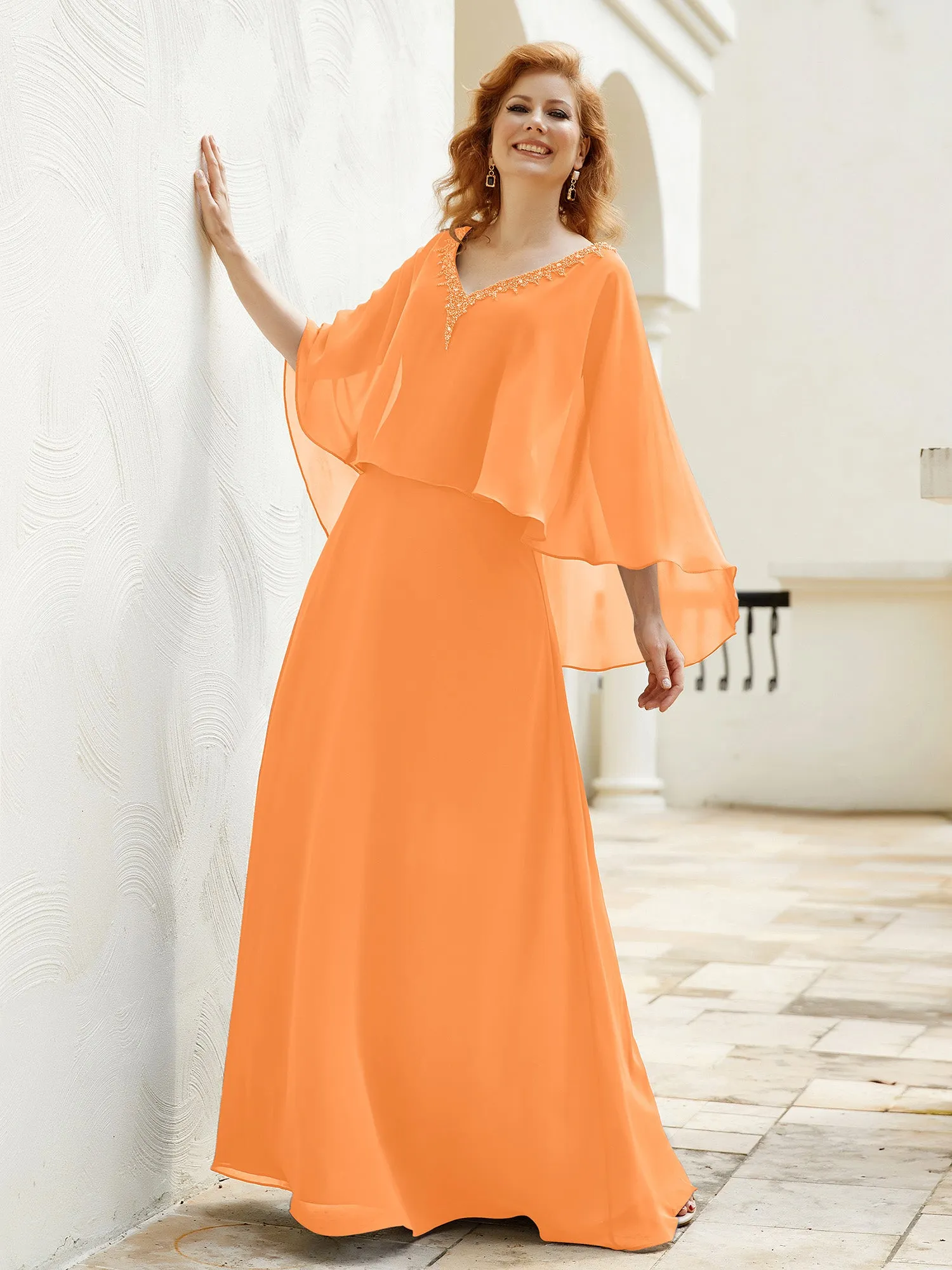 A-Line Flutter Cape Sleeves Dress with Beaded V-neck-Orange