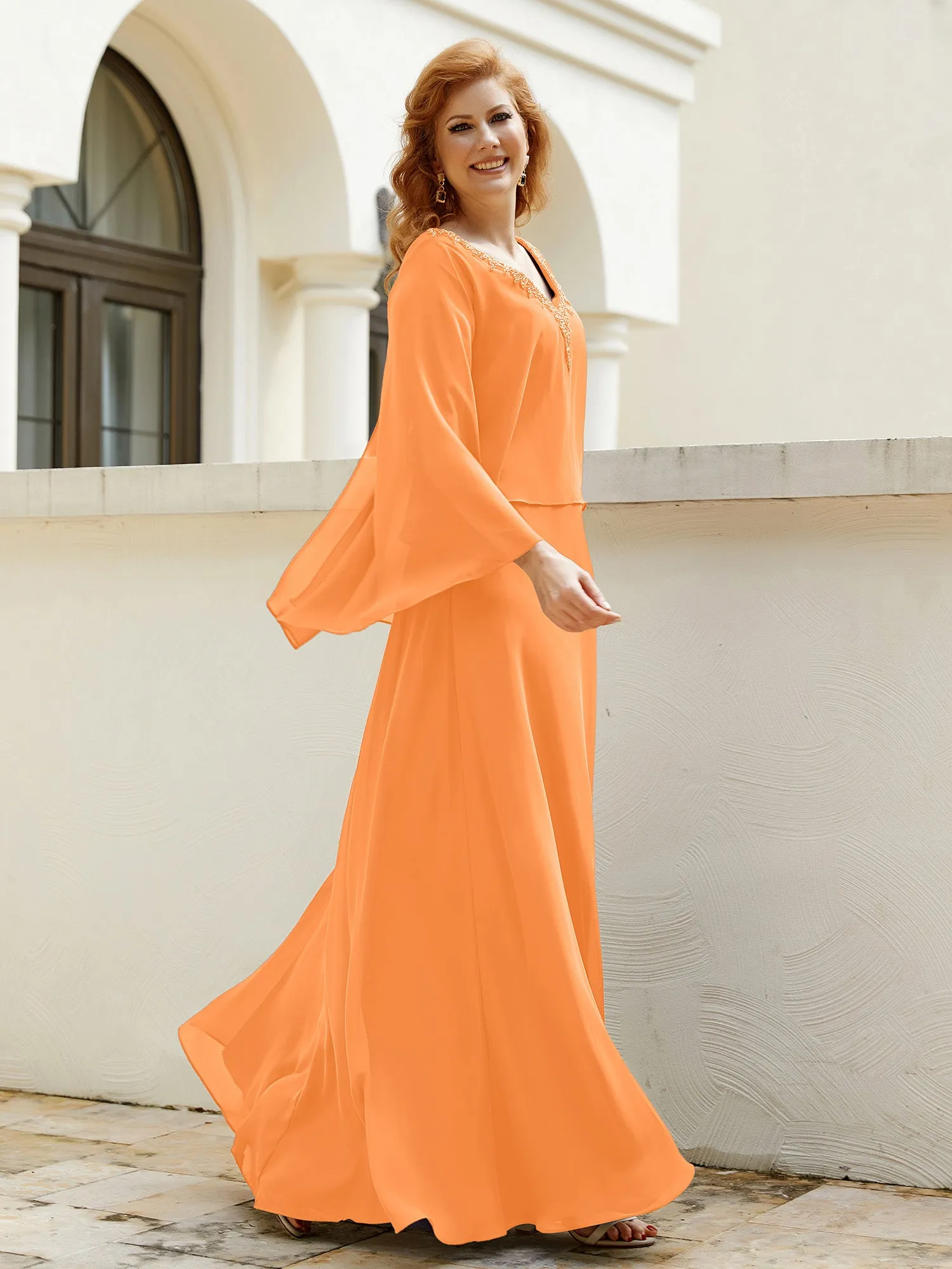 A-Line Flutter Cape Sleeves Dress with Beaded V-neck-Orange
