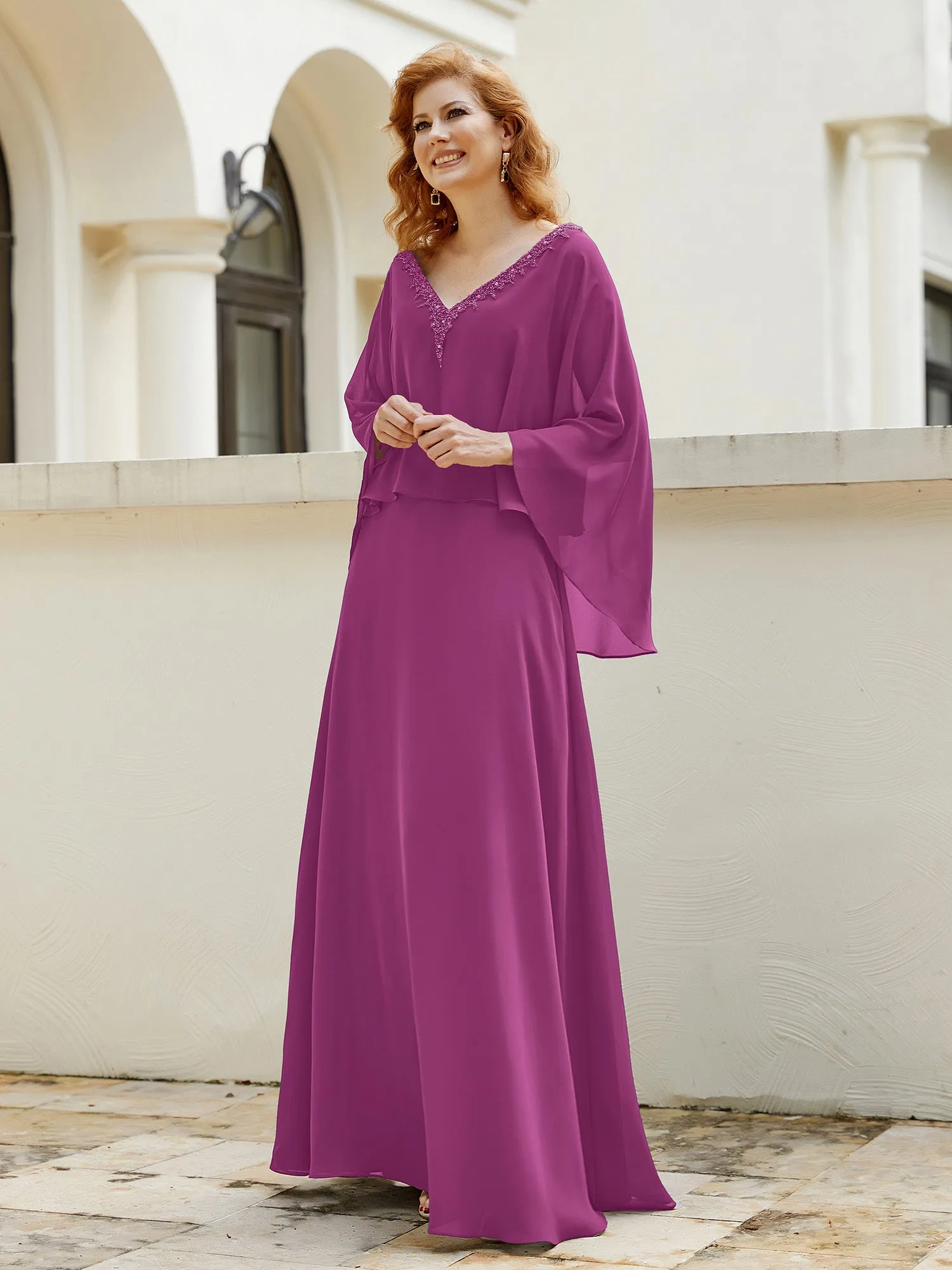 A-Line Flutter Cape Sleeves Dress with Beaded V-neck-Orchid