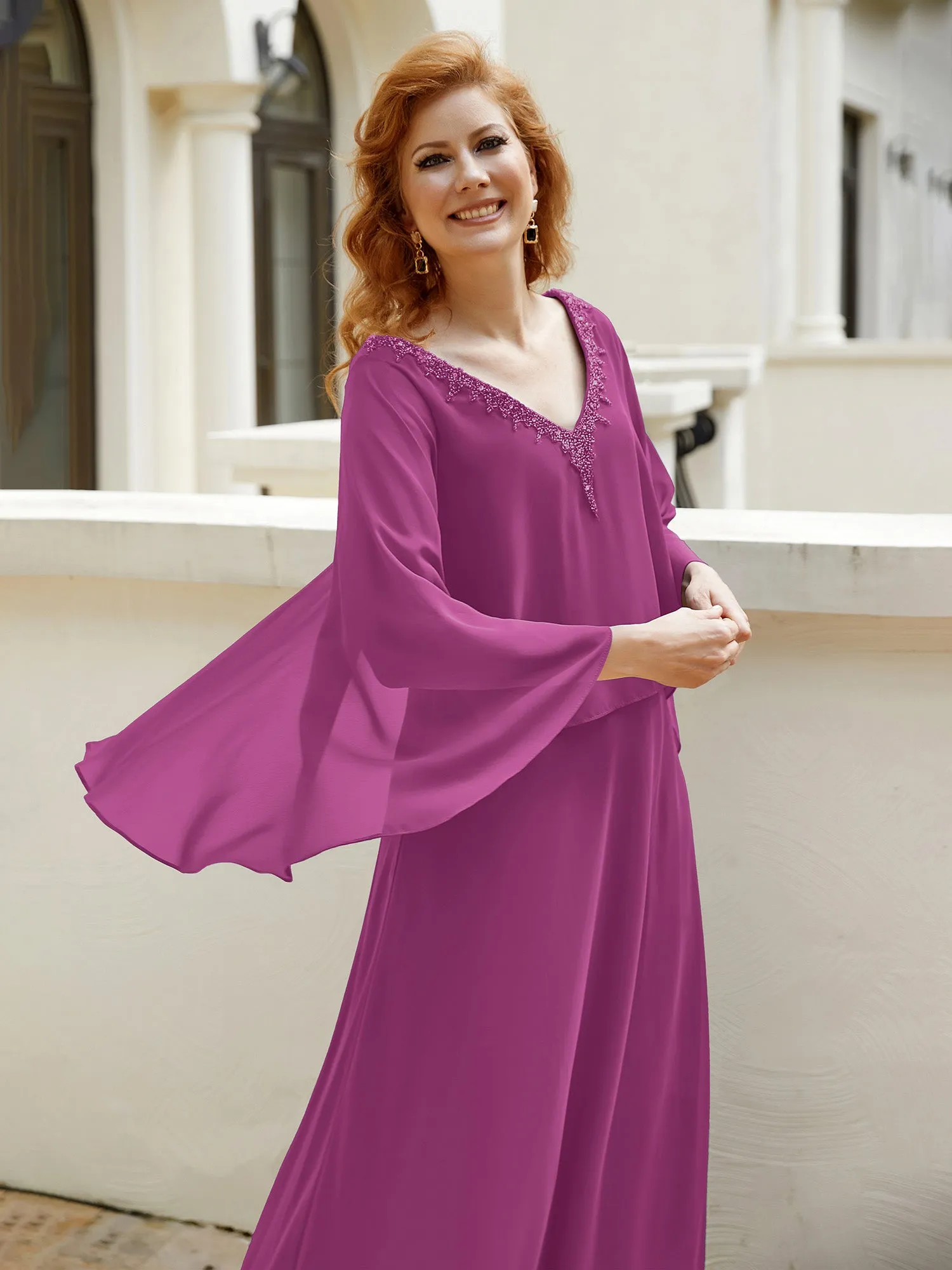 A-Line Flutter Cape Sleeves Dress with Beaded V-neck-Orchid