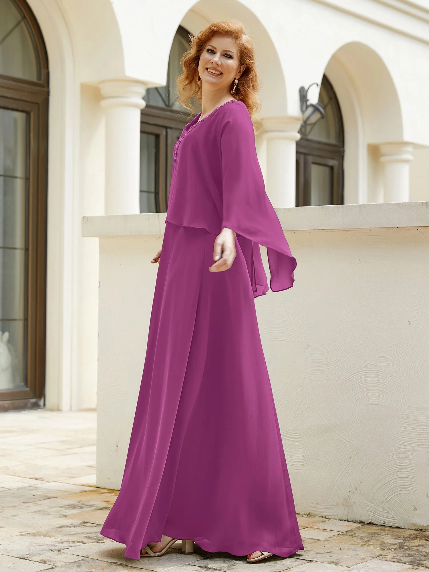 A-Line Flutter Cape Sleeves Dress with Beaded V-neck-Orchid