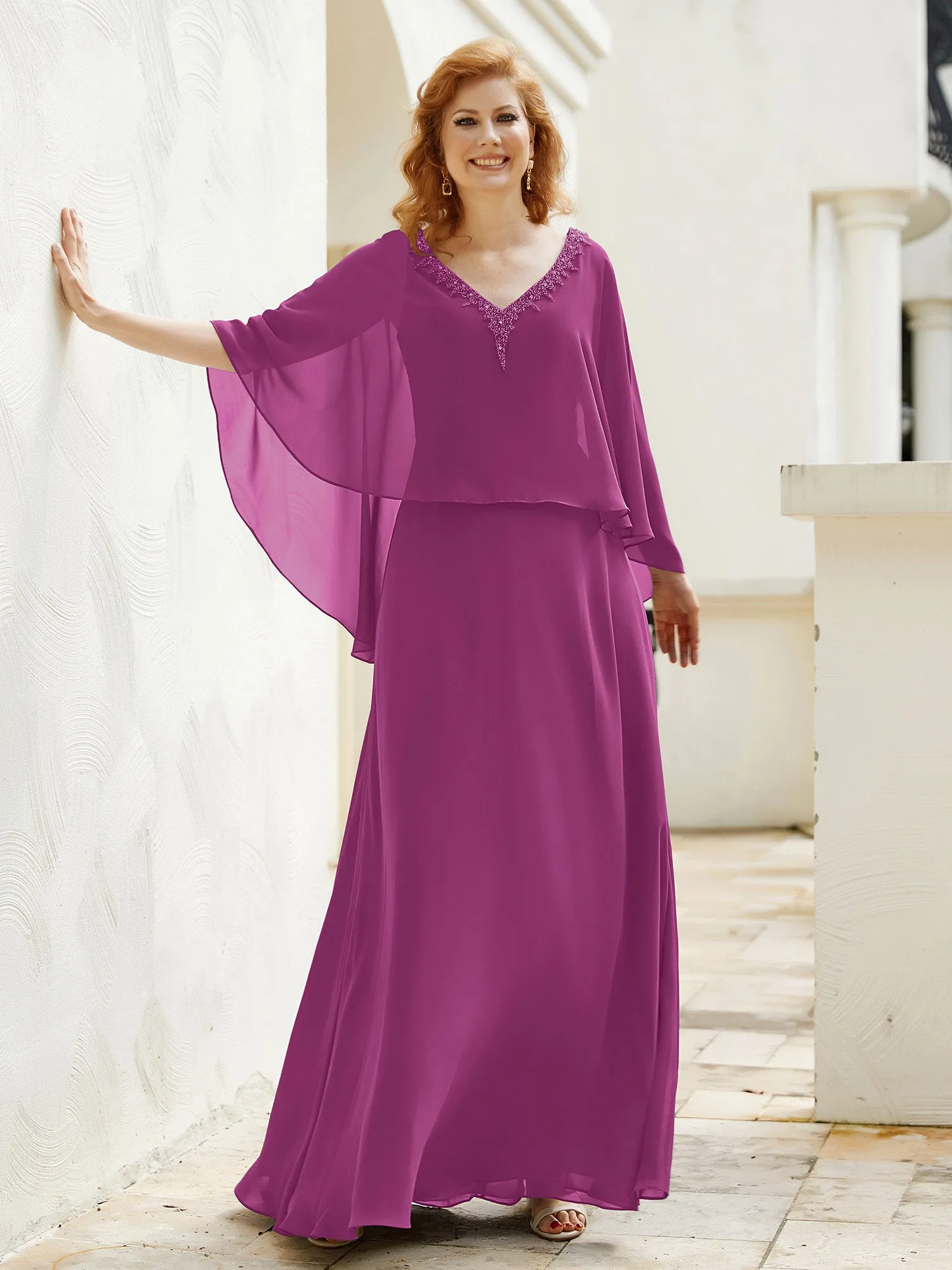 A-Line Flutter Cape Sleeves Dress with Beaded V-neck-Orchid