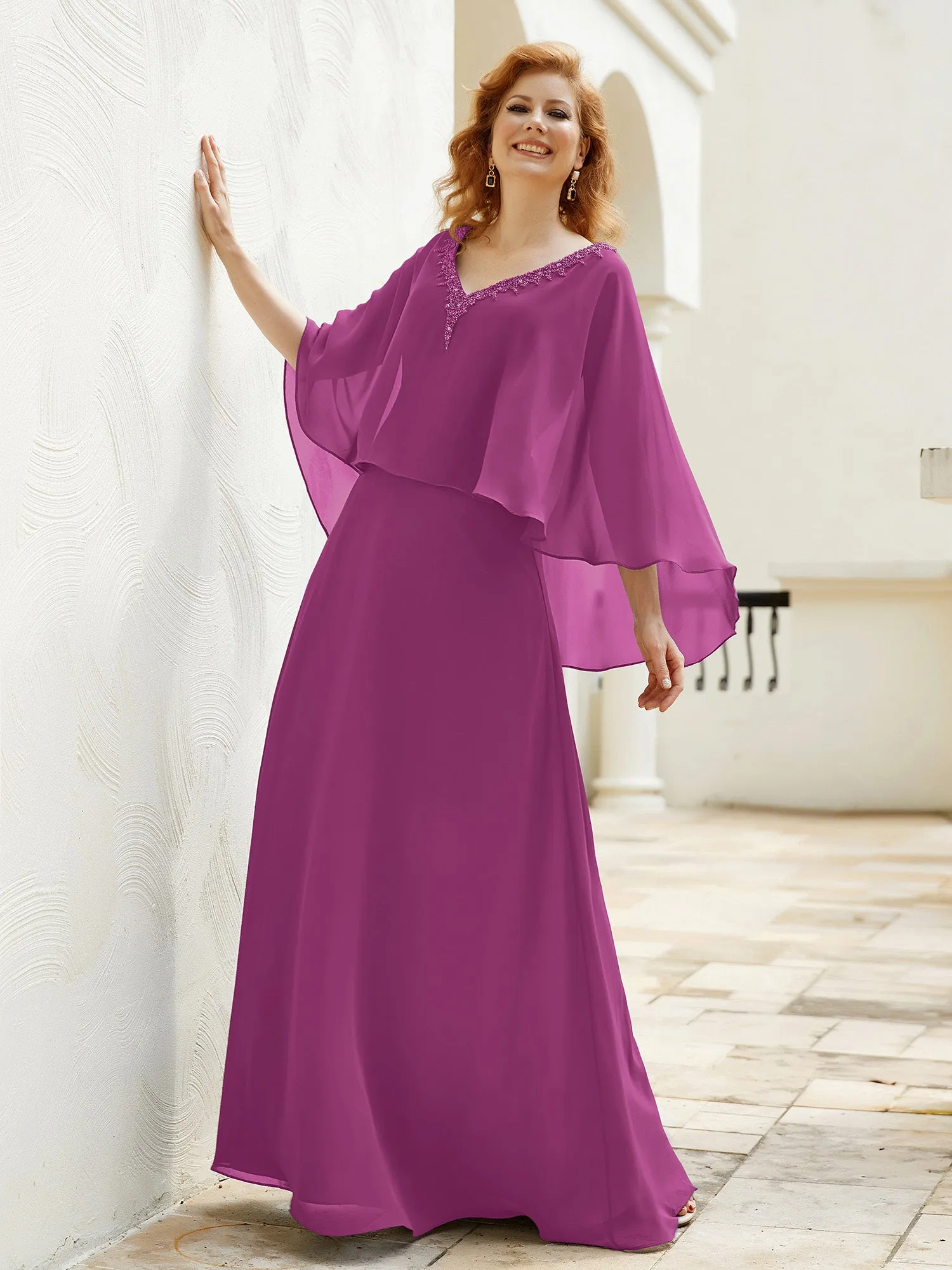 A-Line Flutter Cape Sleeves Dress with Beaded V-neck-Orchid