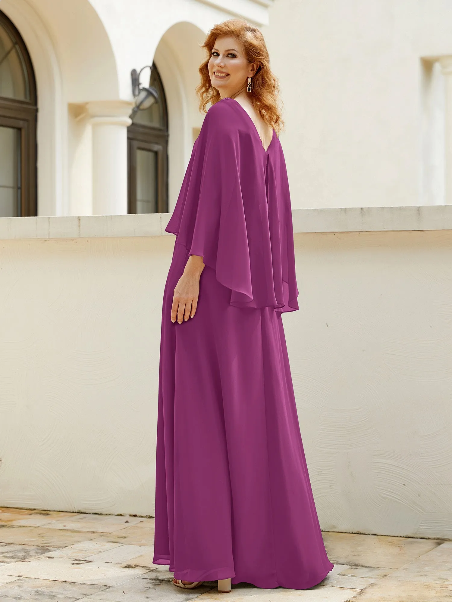 A-Line Flutter Cape Sleeves Dress with Beaded V-neck-Orchid