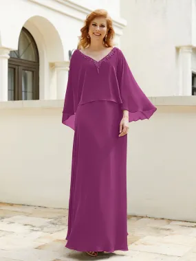 A-Line Flutter Cape Sleeves Dress with Beaded V-neck-Orchid