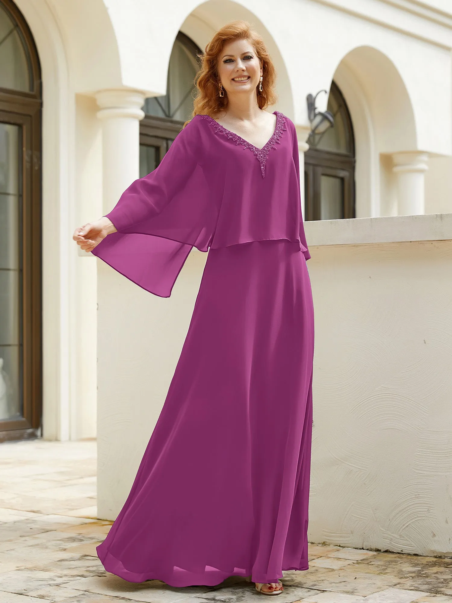 A-Line Flutter Cape Sleeves Dress with Beaded V-neck-Orchid