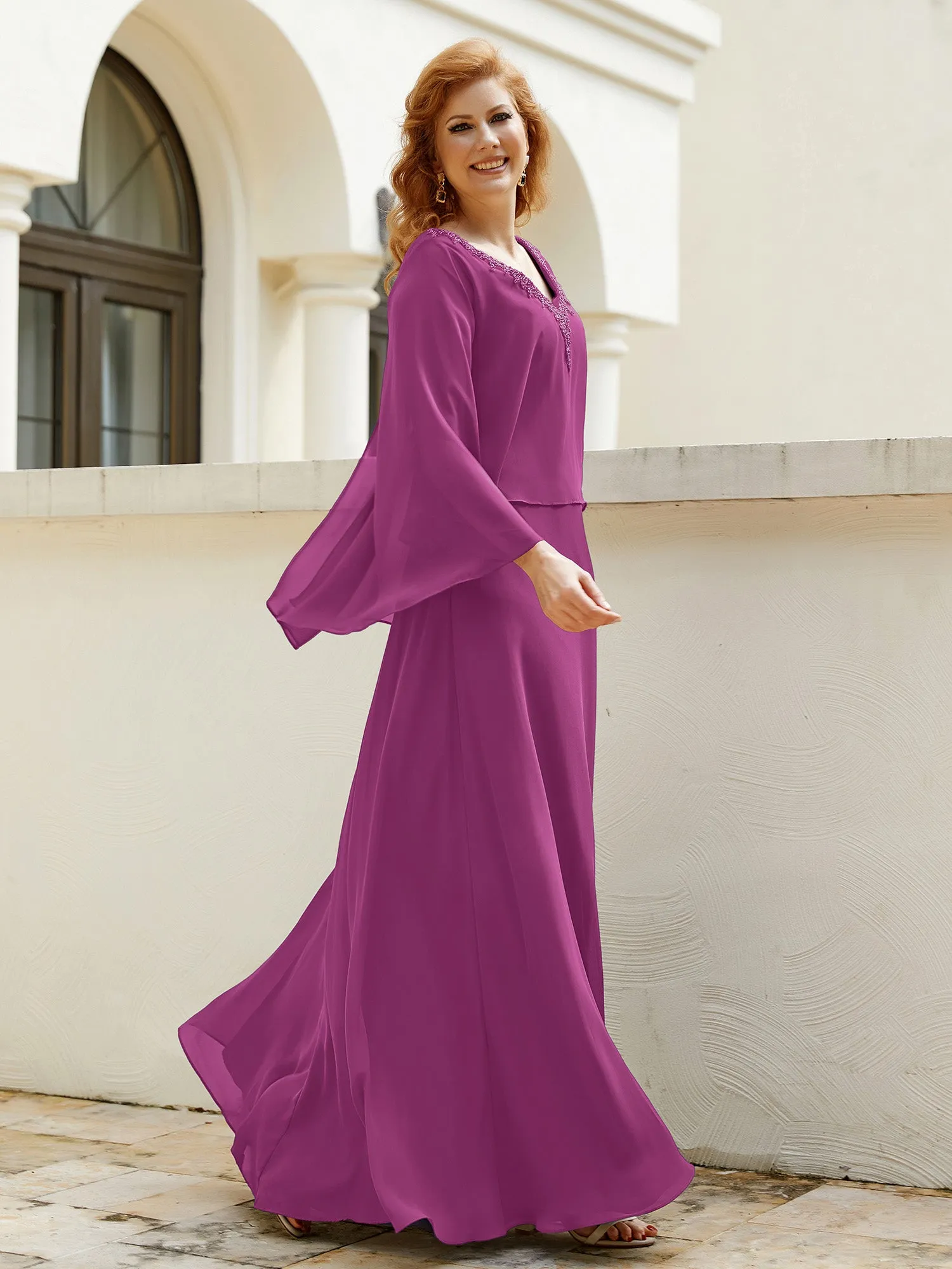 A-Line Flutter Cape Sleeves Dress with Beaded V-neck-Orchid