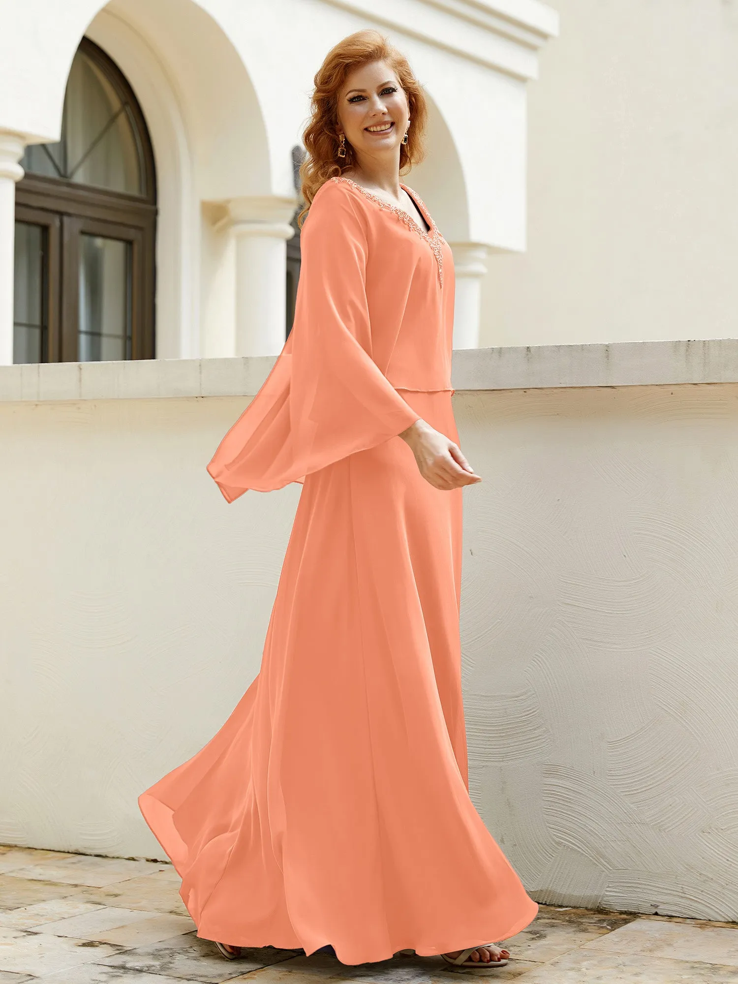 A-Line Flutter Cape Sleeves Dress with Beaded V-neck-Papaya