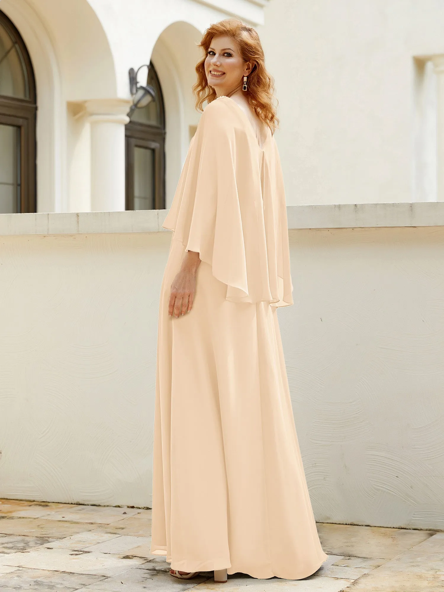 A-Line Flutter Cape Sleeves Dress with Beaded V-neck-Peach