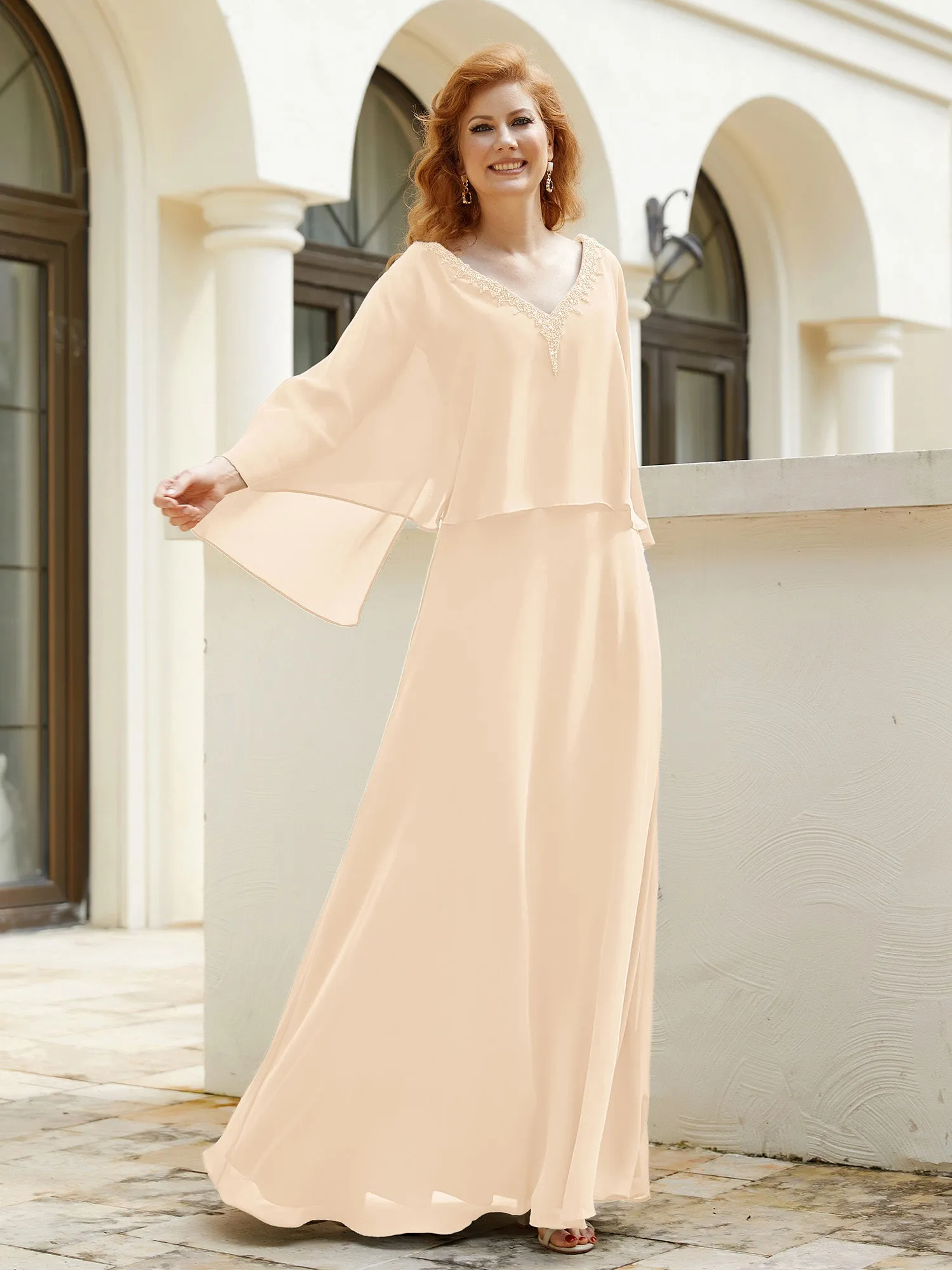 A-Line Flutter Cape Sleeves Dress with Beaded V-neck-Peach