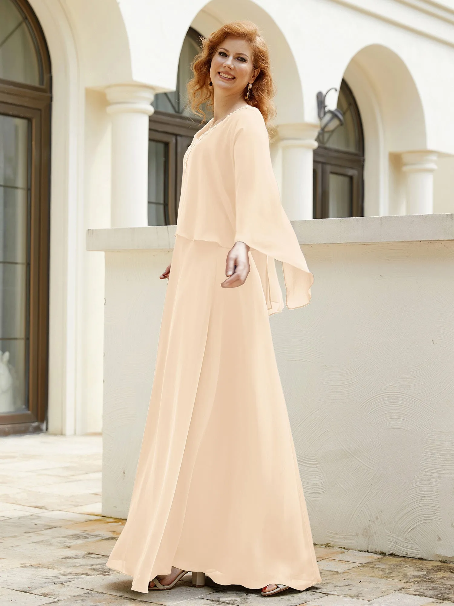 A-Line Flutter Cape Sleeves Dress with Beaded V-neck-Peach
