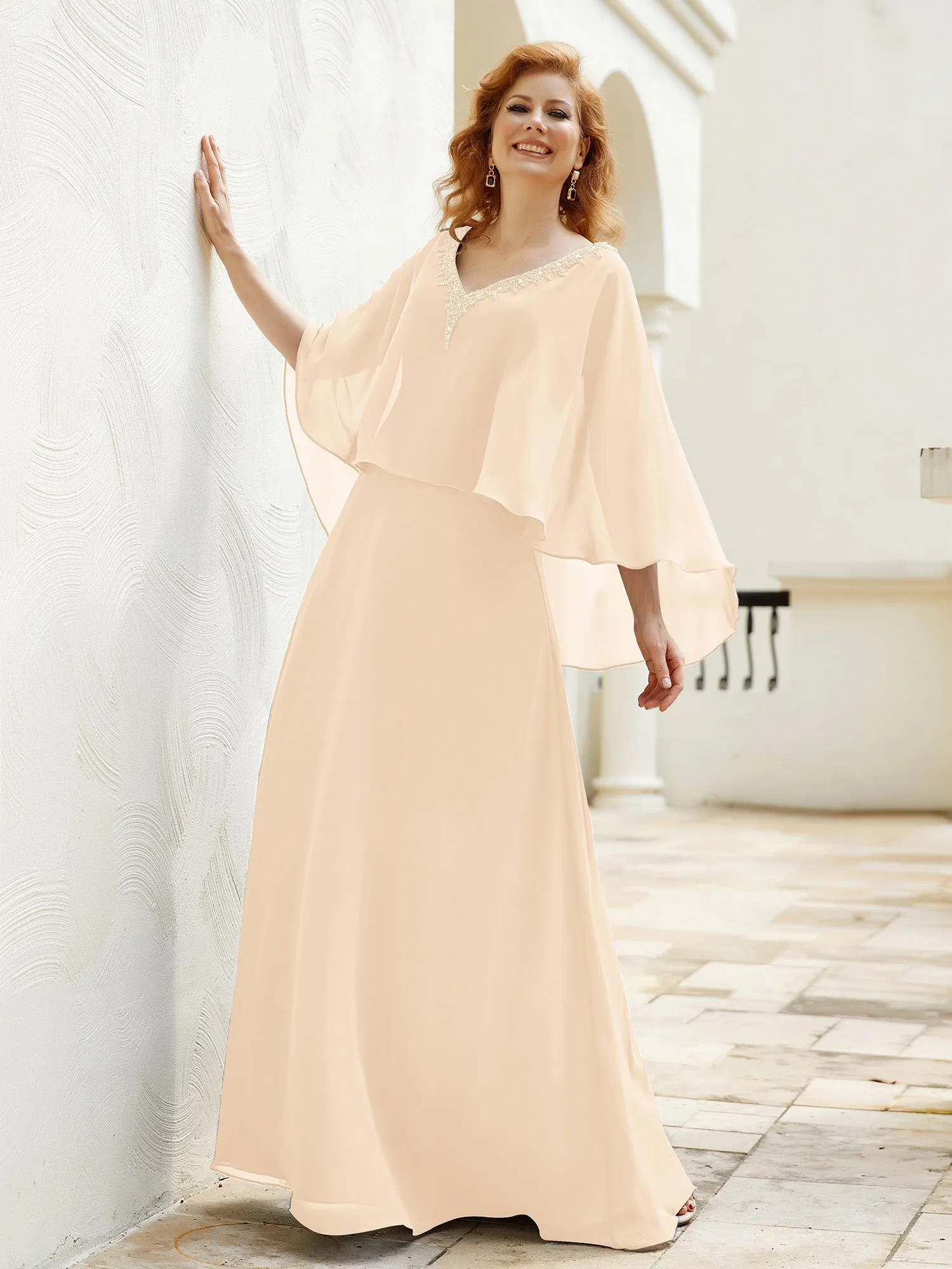 A-Line Flutter Cape Sleeves Dress with Beaded V-neck-Peach