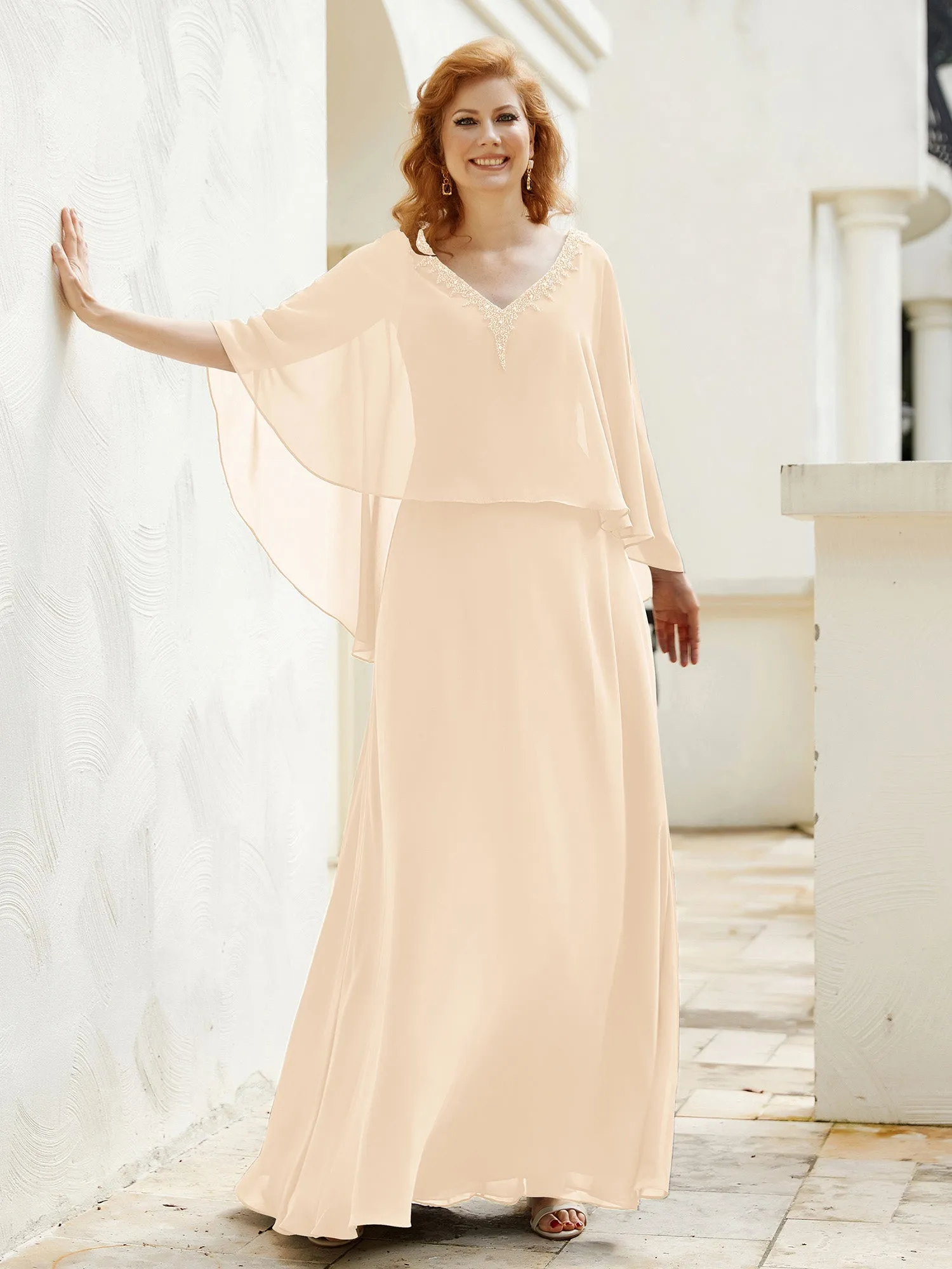 A-Line Flutter Cape Sleeves Dress with Beaded V-neck-Peach