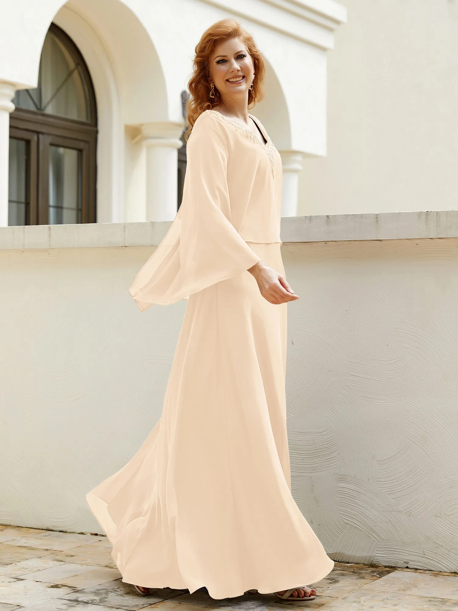 A-Line Flutter Cape Sleeves Dress with Beaded V-neck-Peach