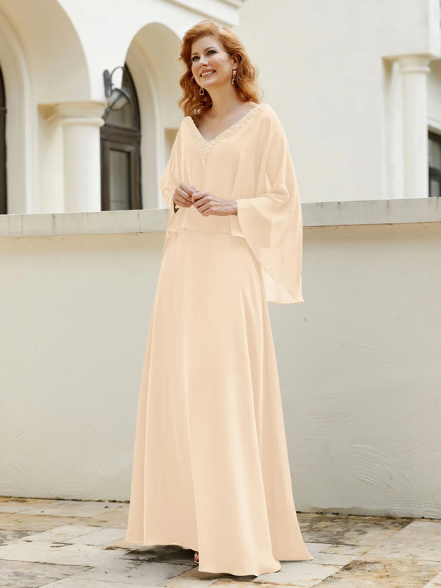 A-Line Flutter Cape Sleeves Dress with Beaded V-neck-Peach