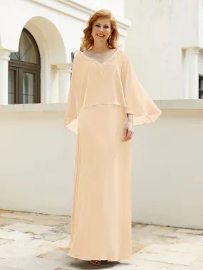 A-Line Flutter Cape Sleeves Dress with Beaded V-neck-Peach