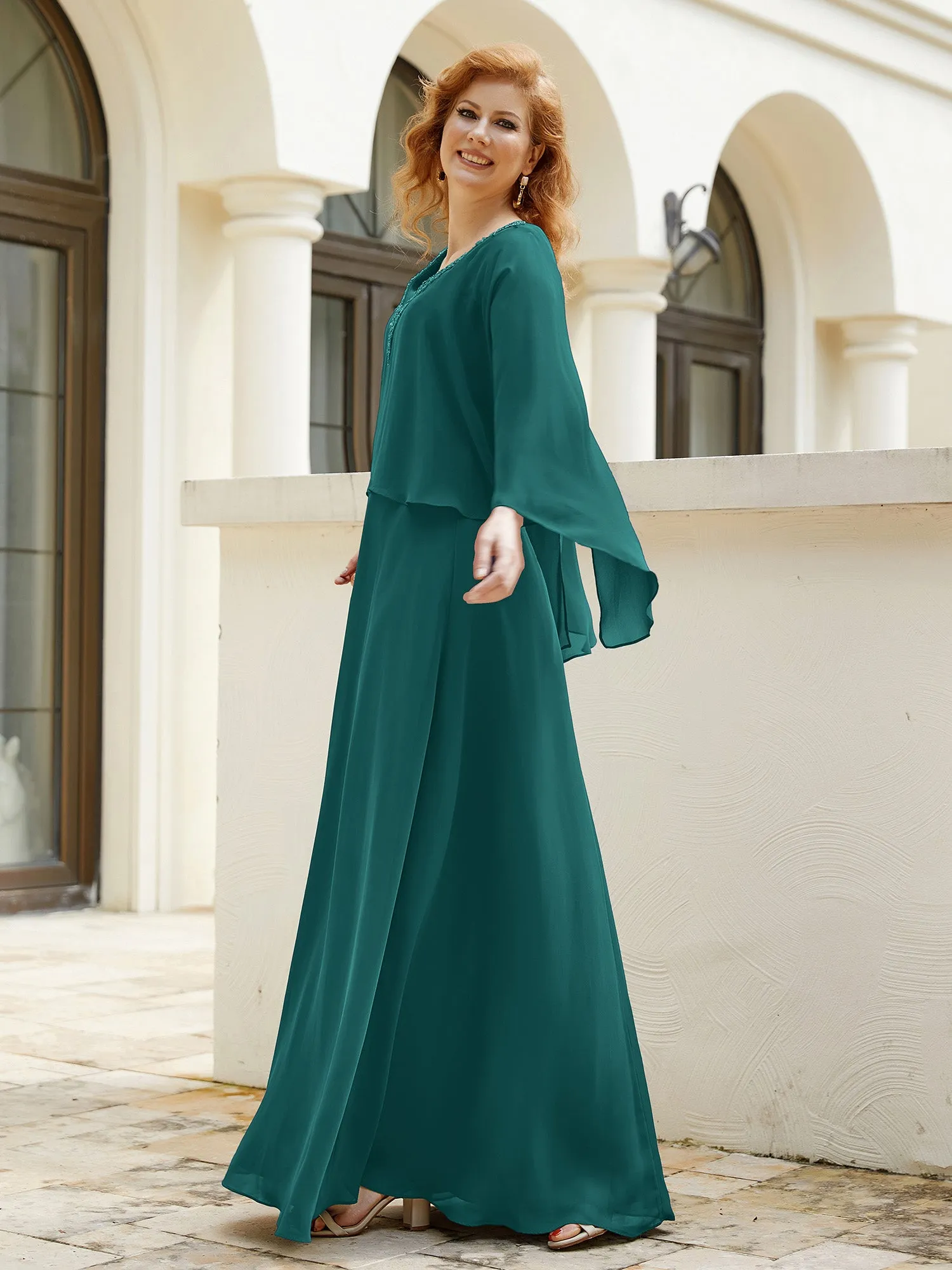 A-Line Flutter Cape Sleeves Dress with Beaded V-neck-Peacock
