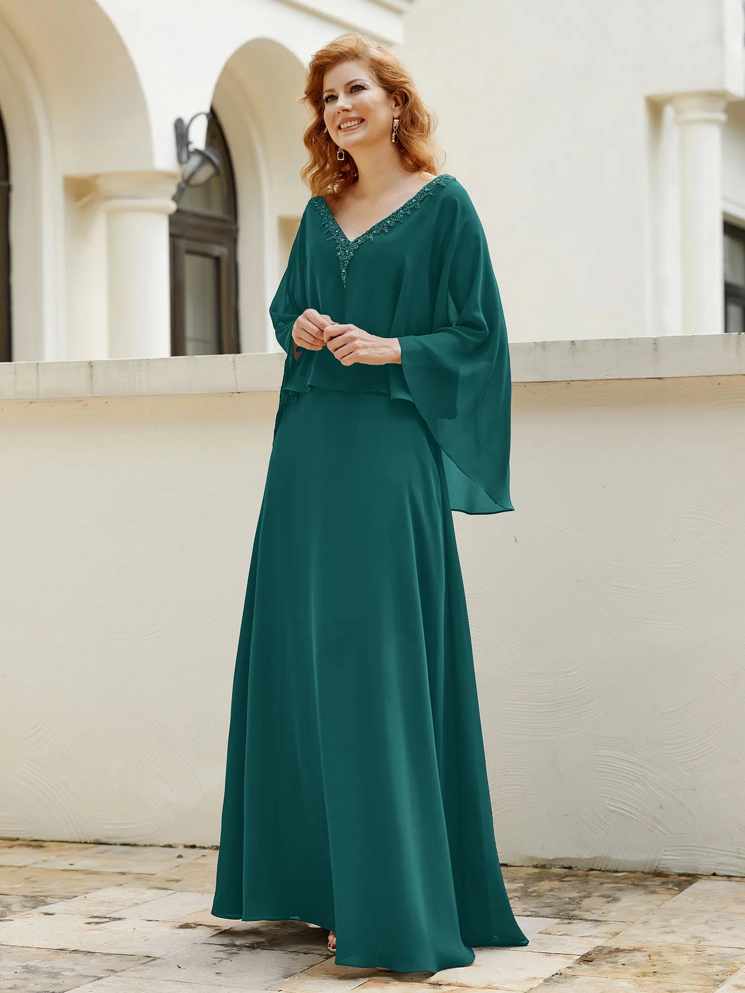 A-Line Flutter Cape Sleeves Dress with Beaded V-neck-Peacock