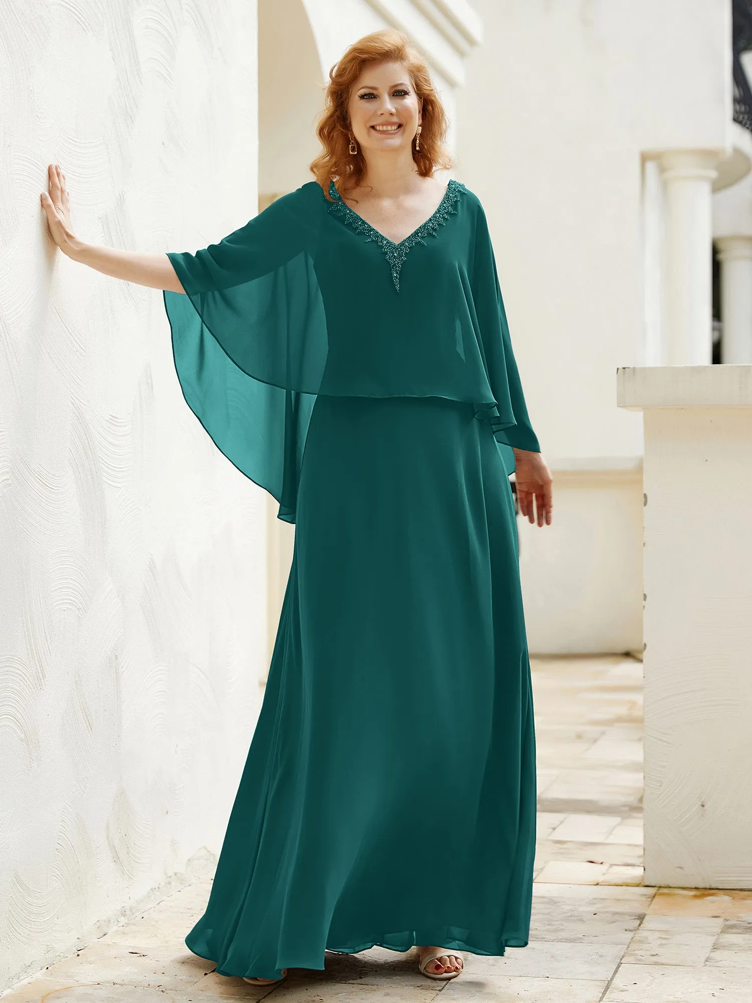 A-Line Flutter Cape Sleeves Dress with Beaded V-neck-Peacock