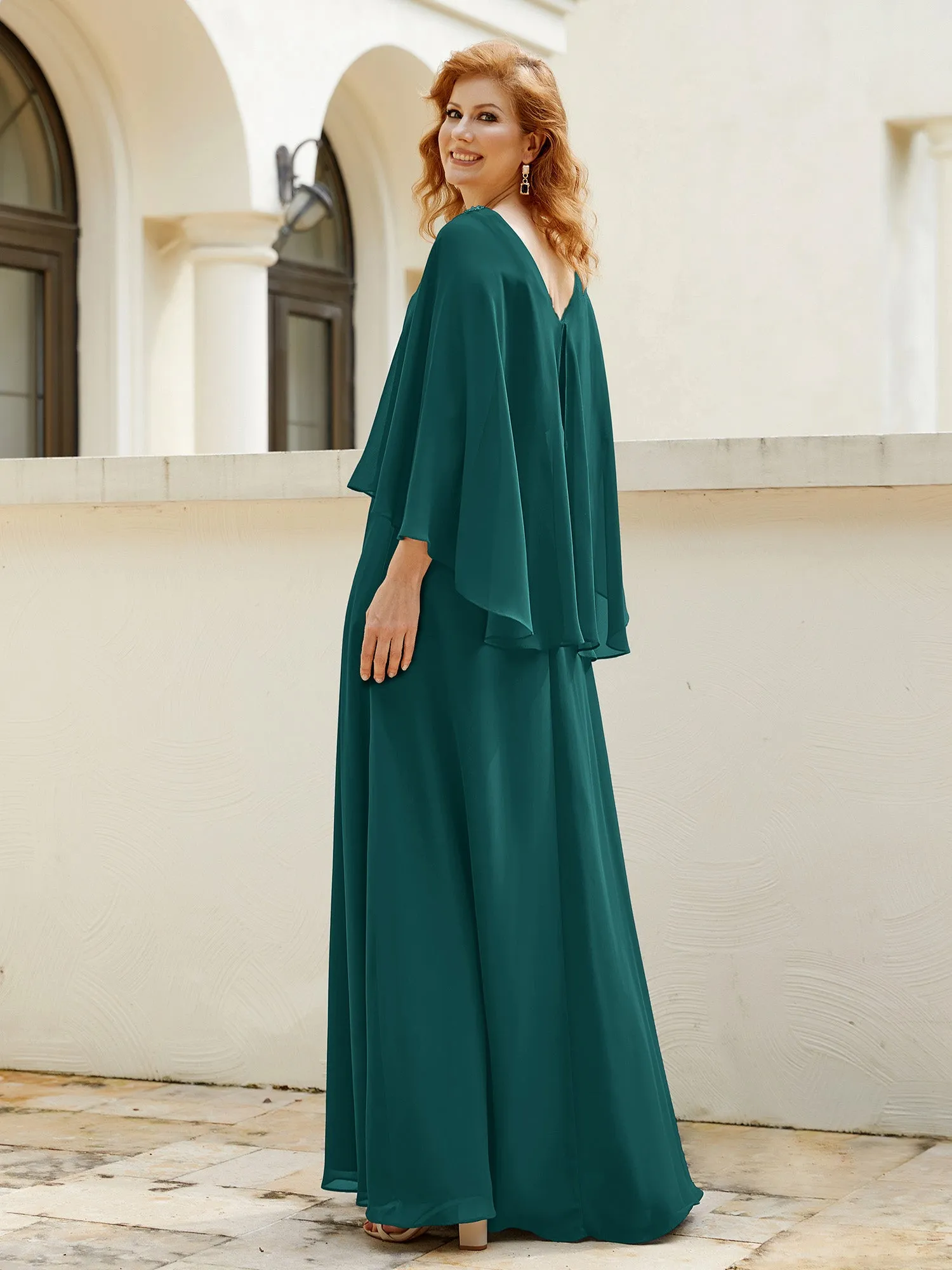 A-Line Flutter Cape Sleeves Dress with Beaded V-neck-Peacock