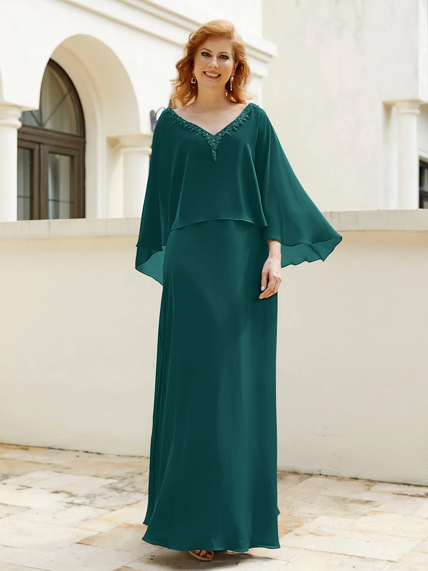 A-Line Flutter Cape Sleeves Dress with Beaded V-neck-Peacock