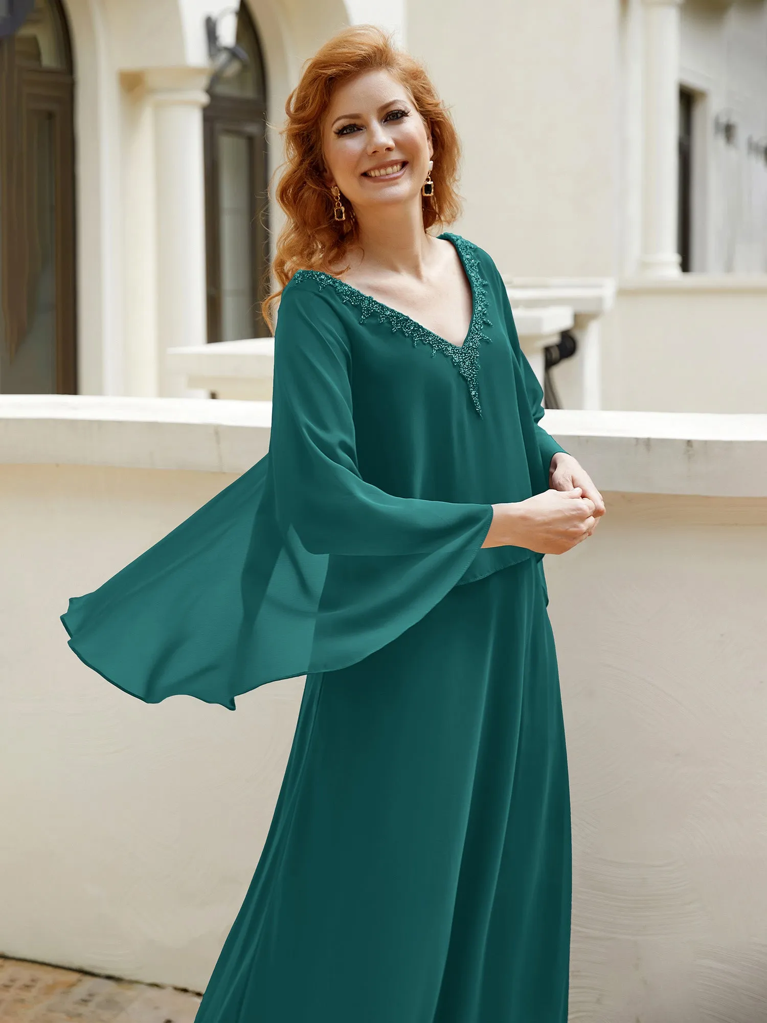 A-Line Flutter Cape Sleeves Dress with Beaded V-neck-Peacock