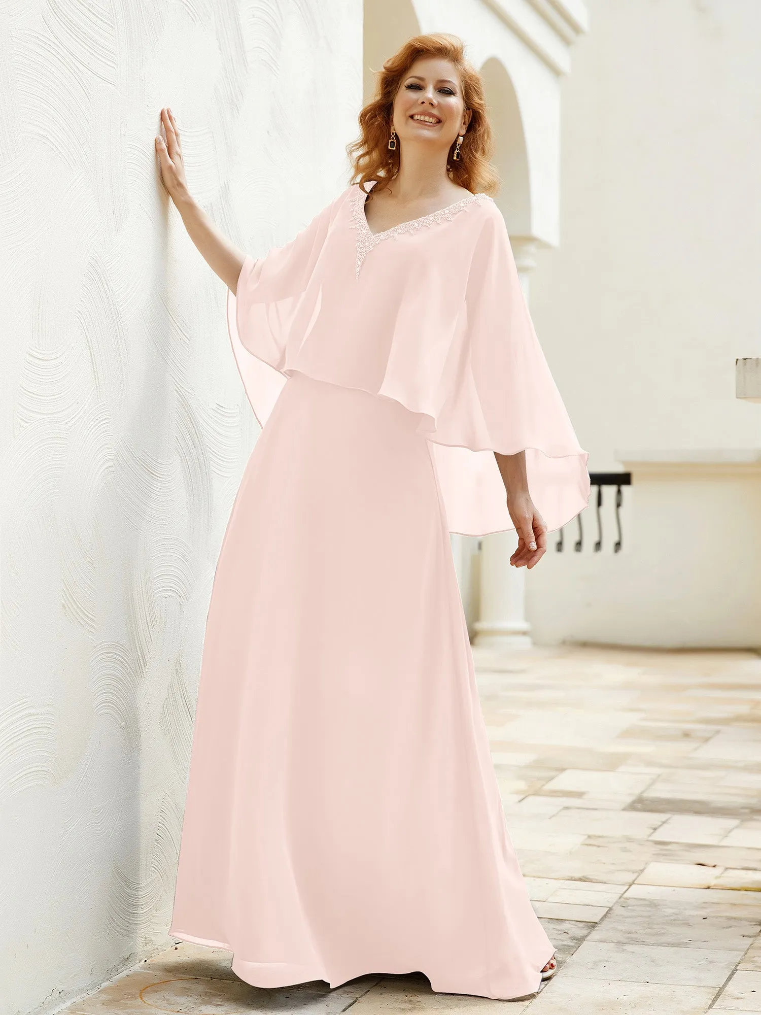 A-Line Flutter Cape Sleeves Dress with Beaded V-neck-Pearl Pink