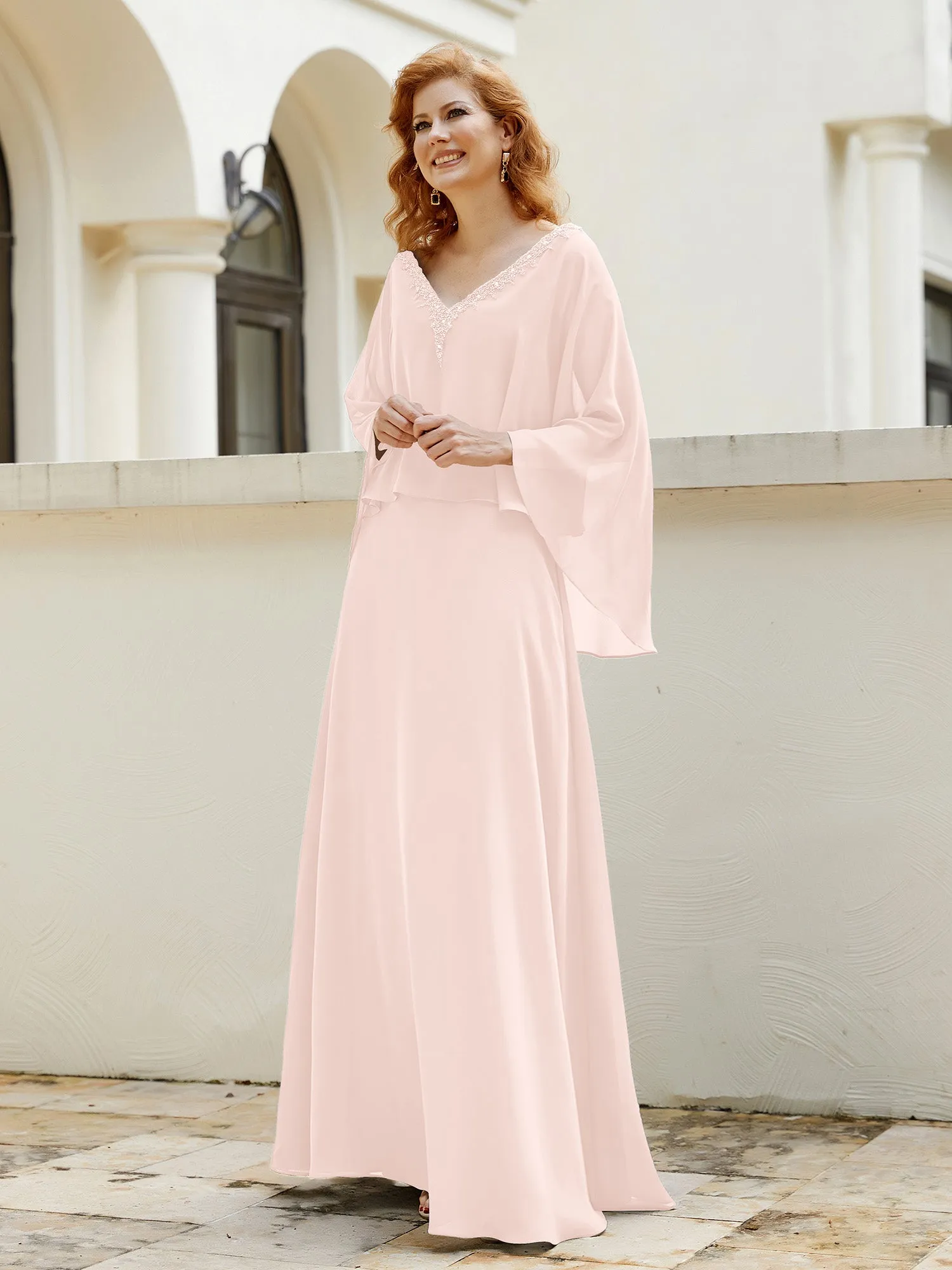 A-Line Flutter Cape Sleeves Dress with Beaded V-neck-Pearl Pink