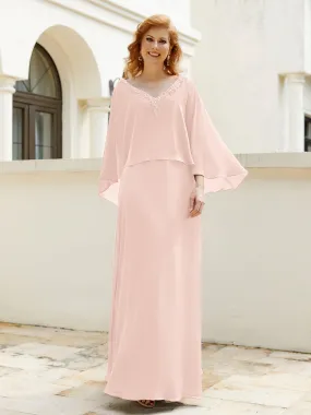 A-Line Flutter Cape Sleeves Dress with Beaded V-neck-Pearl Pink