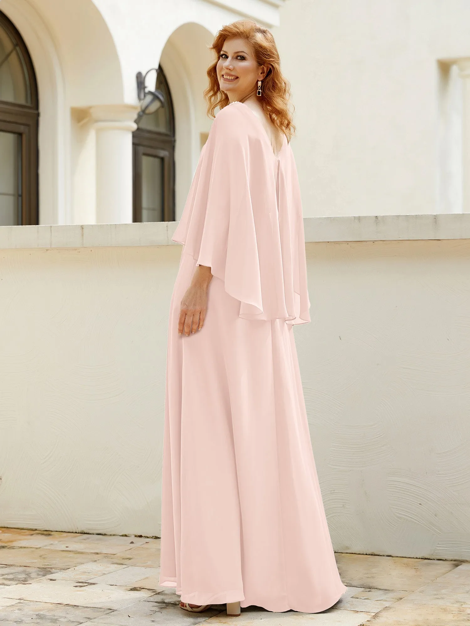 A-Line Flutter Cape Sleeves Dress with Beaded V-neck-Pearl Pink