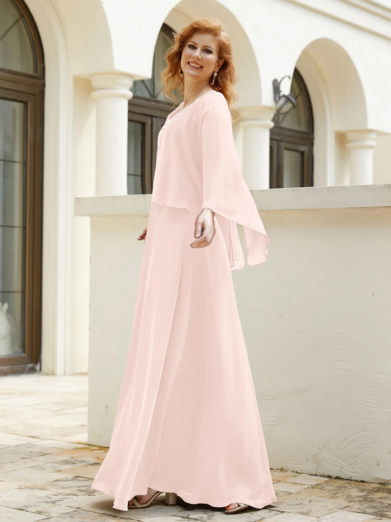 A-Line Flutter Cape Sleeves Dress with Beaded V-neck-Pearl Pink