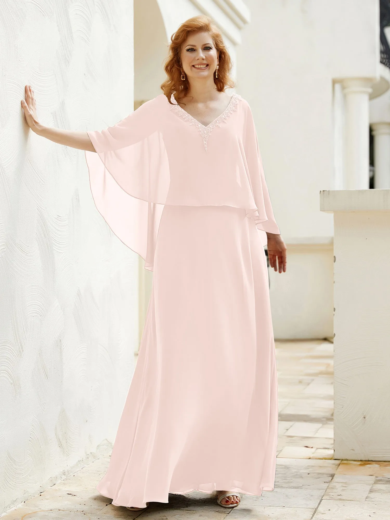 A-Line Flutter Cape Sleeves Dress with Beaded V-neck-Pearl Pink